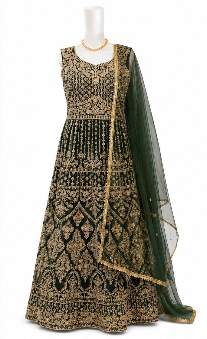 Amazing Dark Olive Green With Gold Embroidery And Sequins Work Anarkali Gown For Women