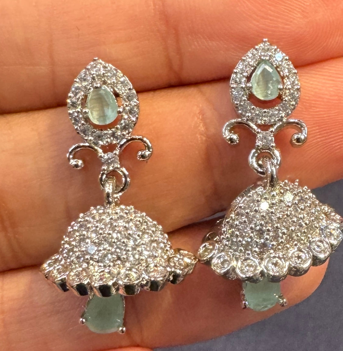 Exquisite White and Teal Stones Gold American Diamond Earrings