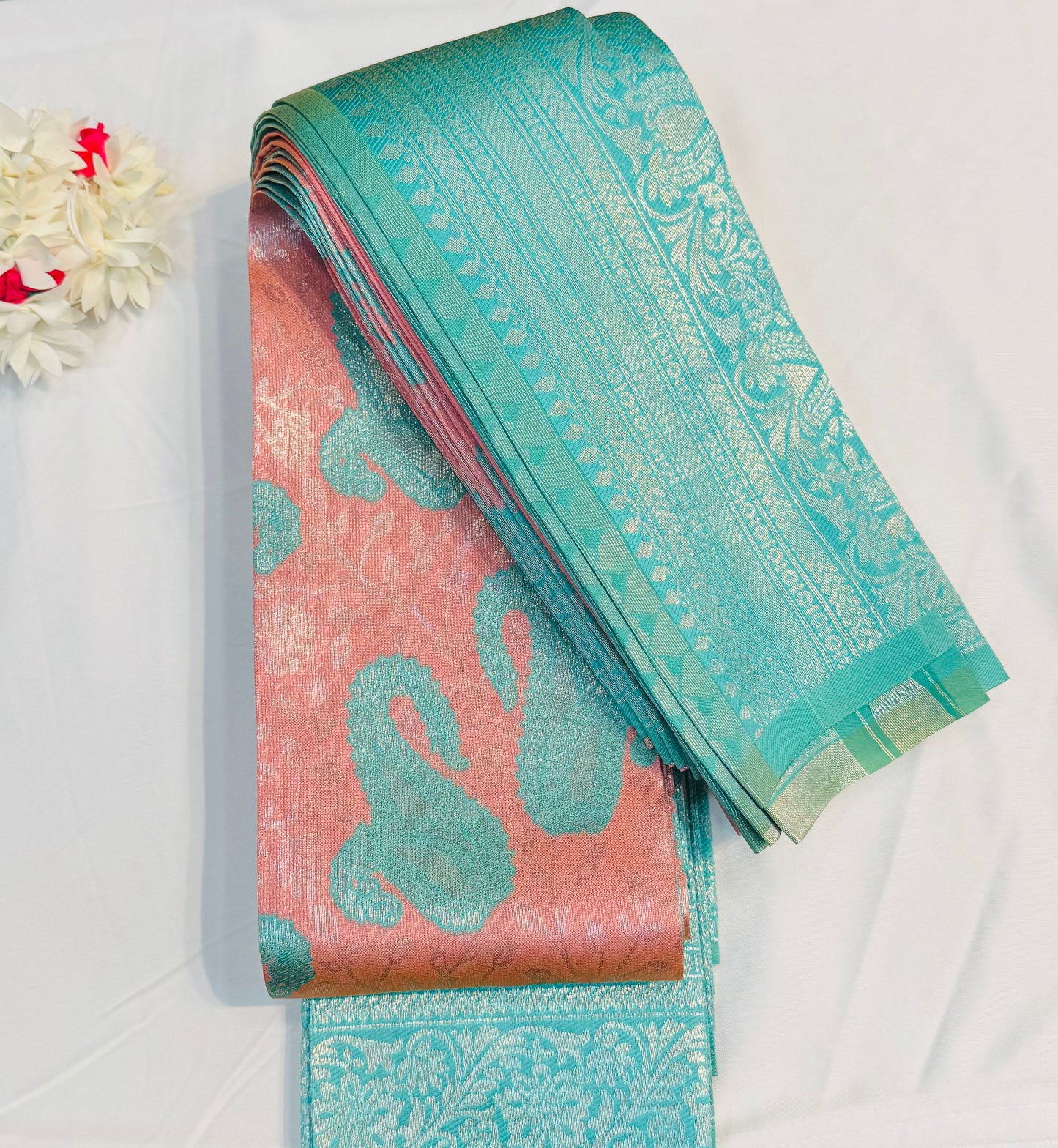 Beautiful Peach With Light Blue Color Art Silk Saree For Women