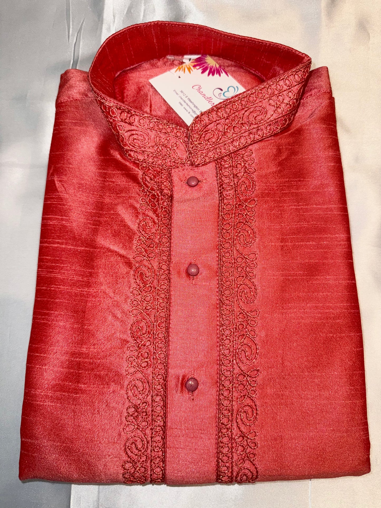 Dupion Silk Kid's Kurta With Pajama Set - Red