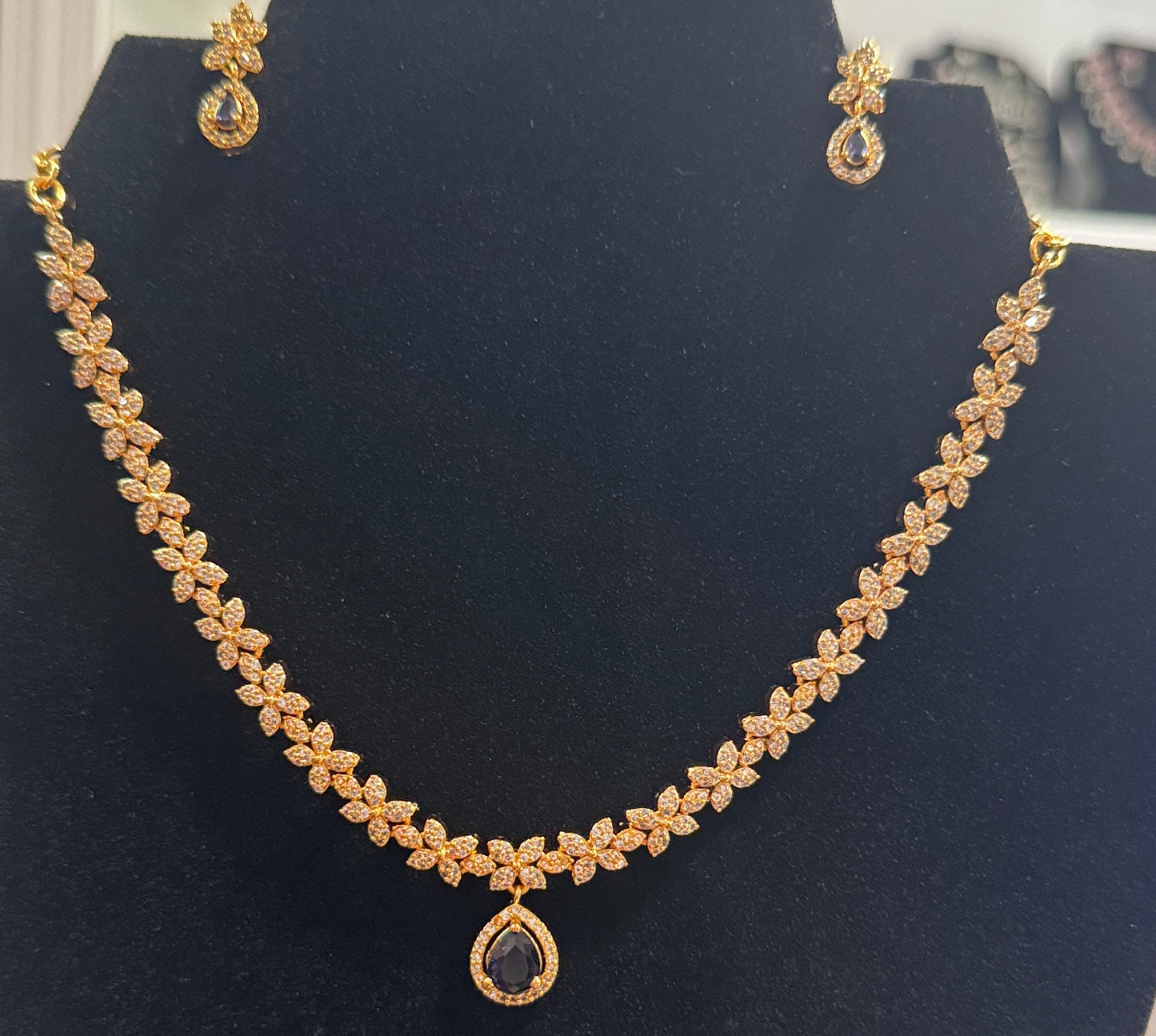 Fabulous Purple And White Colored Stone Gold Plated Necklace With Earrings Set Near Me