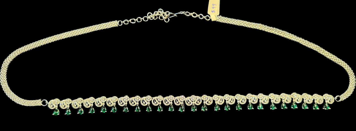 Drop Design American Diamond Dark Green Color Stones Hip Chain Near Me