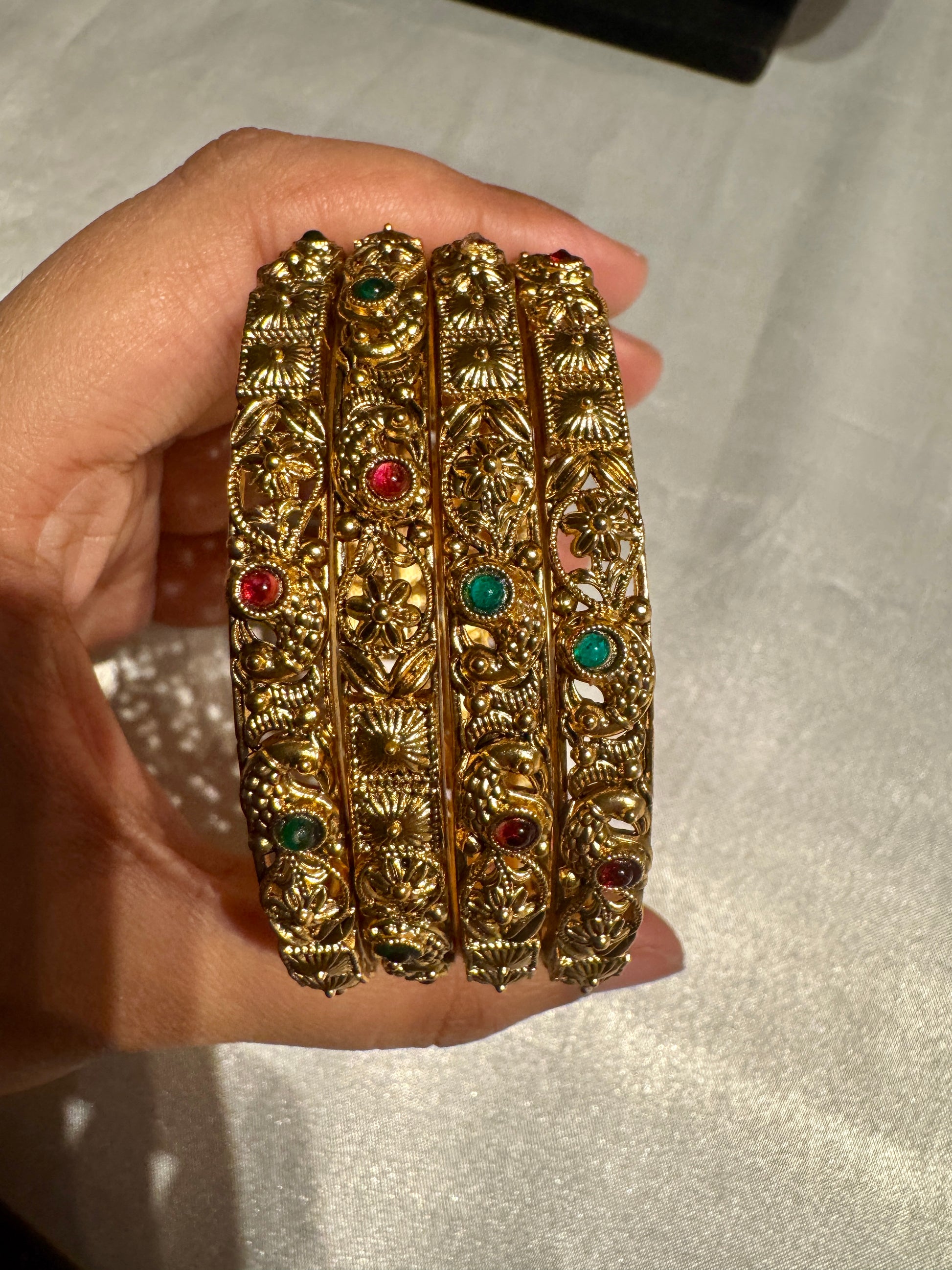 Red And Green Stones Studded Antique Gold Bangles In USA