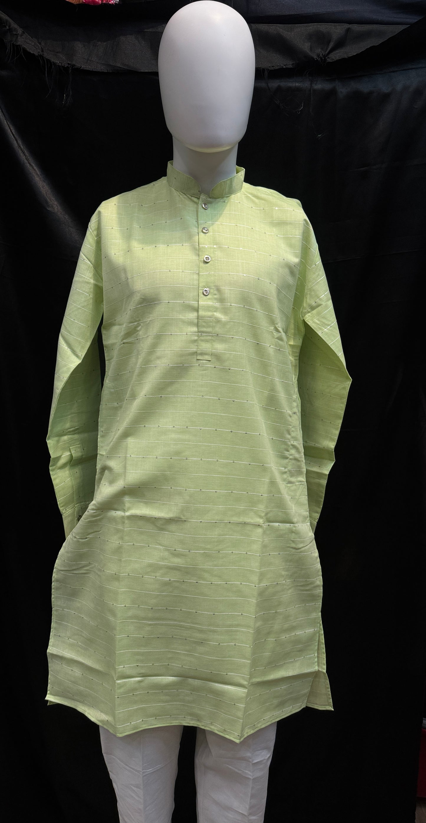 Beautiful Bright Green Color Cotton Men's Kurta With Pajama Pant