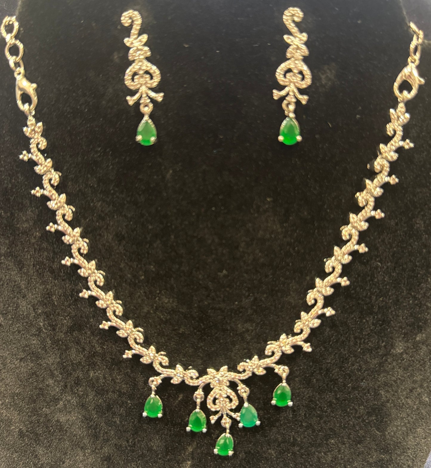 Designer American Diamond White And Green Color Stones Necklace And Earrings Set In USA
