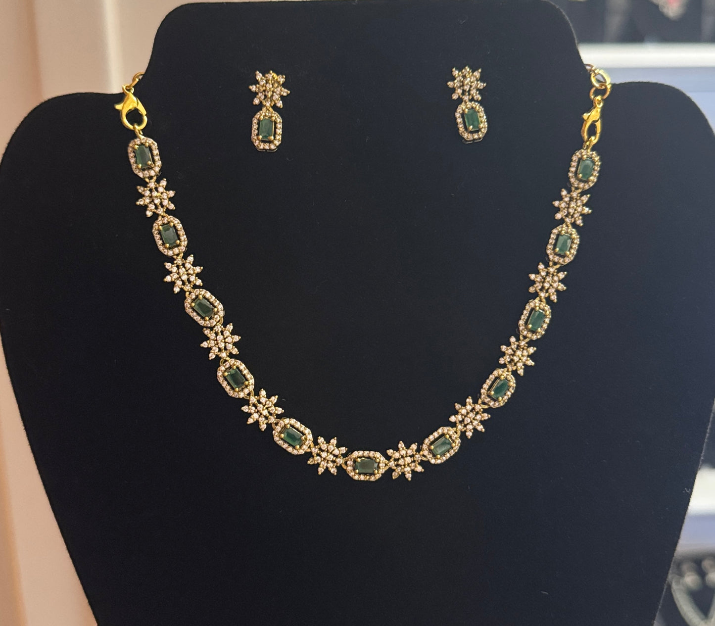 Green Color Stones With Gold Plated Necklace With Earrings Near Me