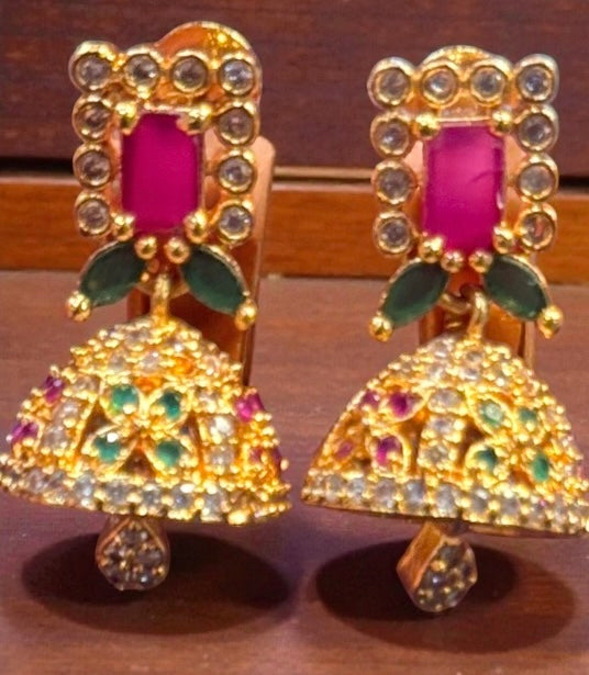 Alluring Dark Pink And Green Stones Gold Plated Earrings For Women