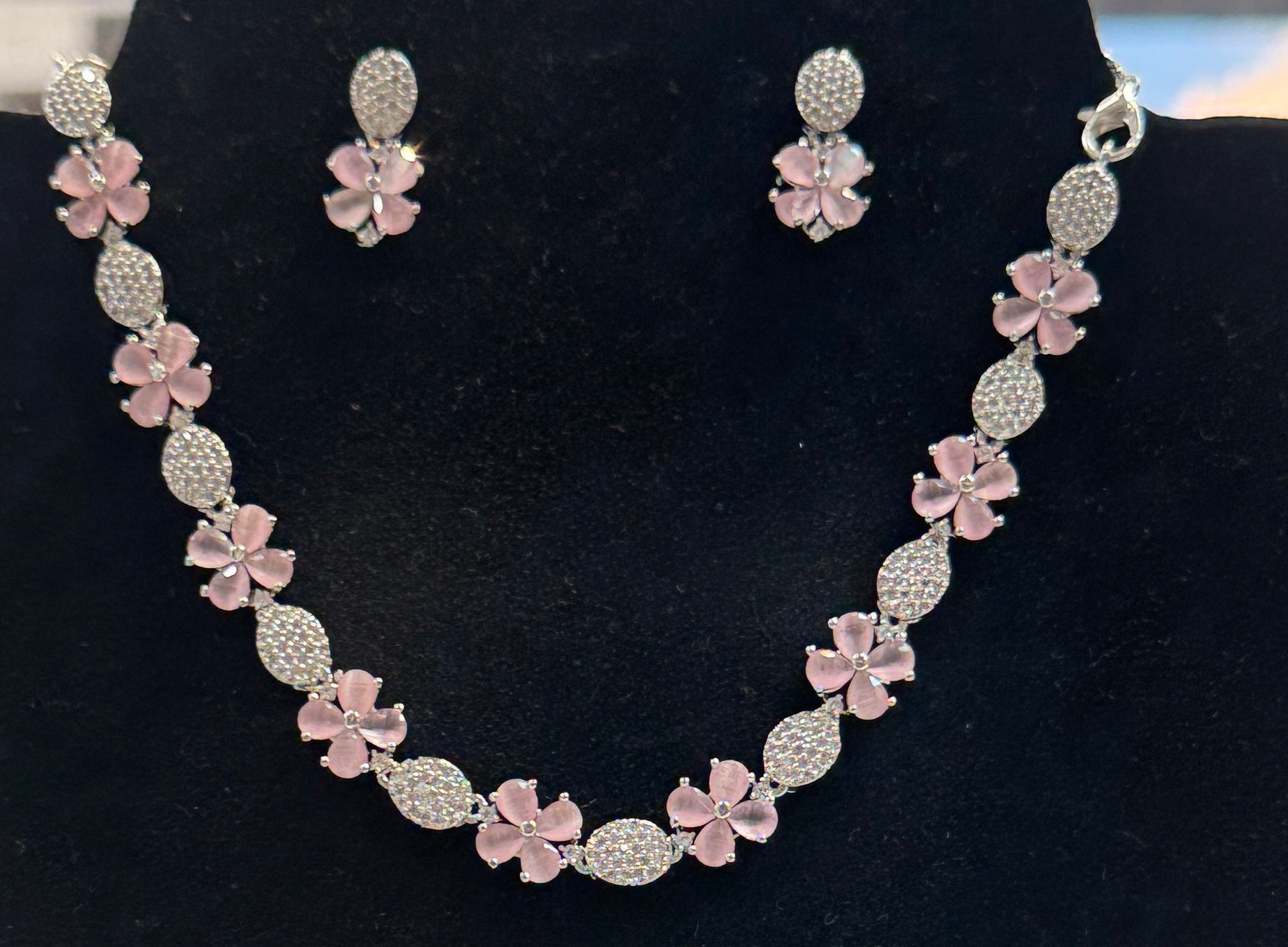 Gorgeous Premium Quality American Diamond Pink And White Stones Necklace With Earrings Set For Women