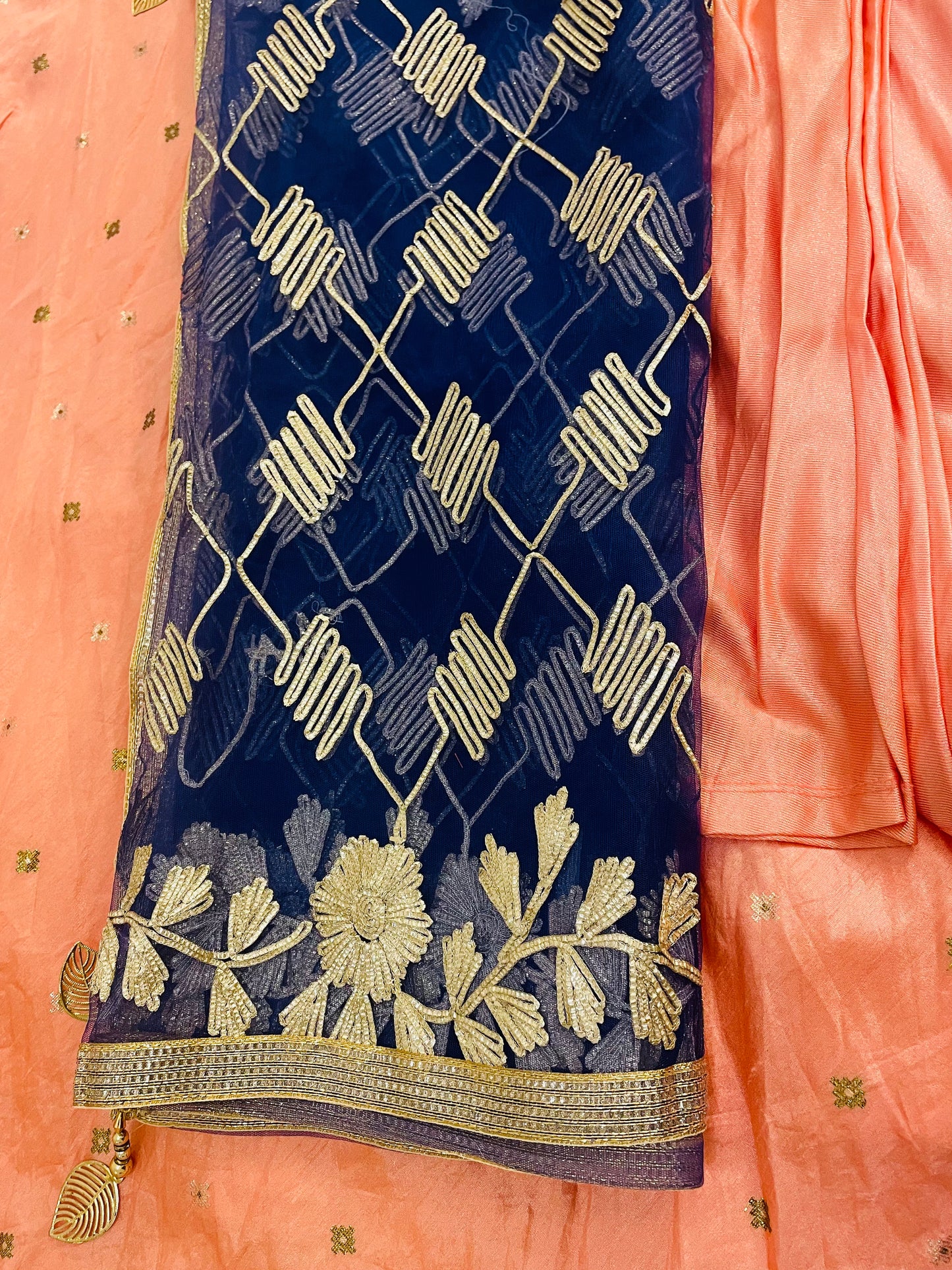 Beautiful Peach Color Suit With Blue Dupatta And Self Color Bottom