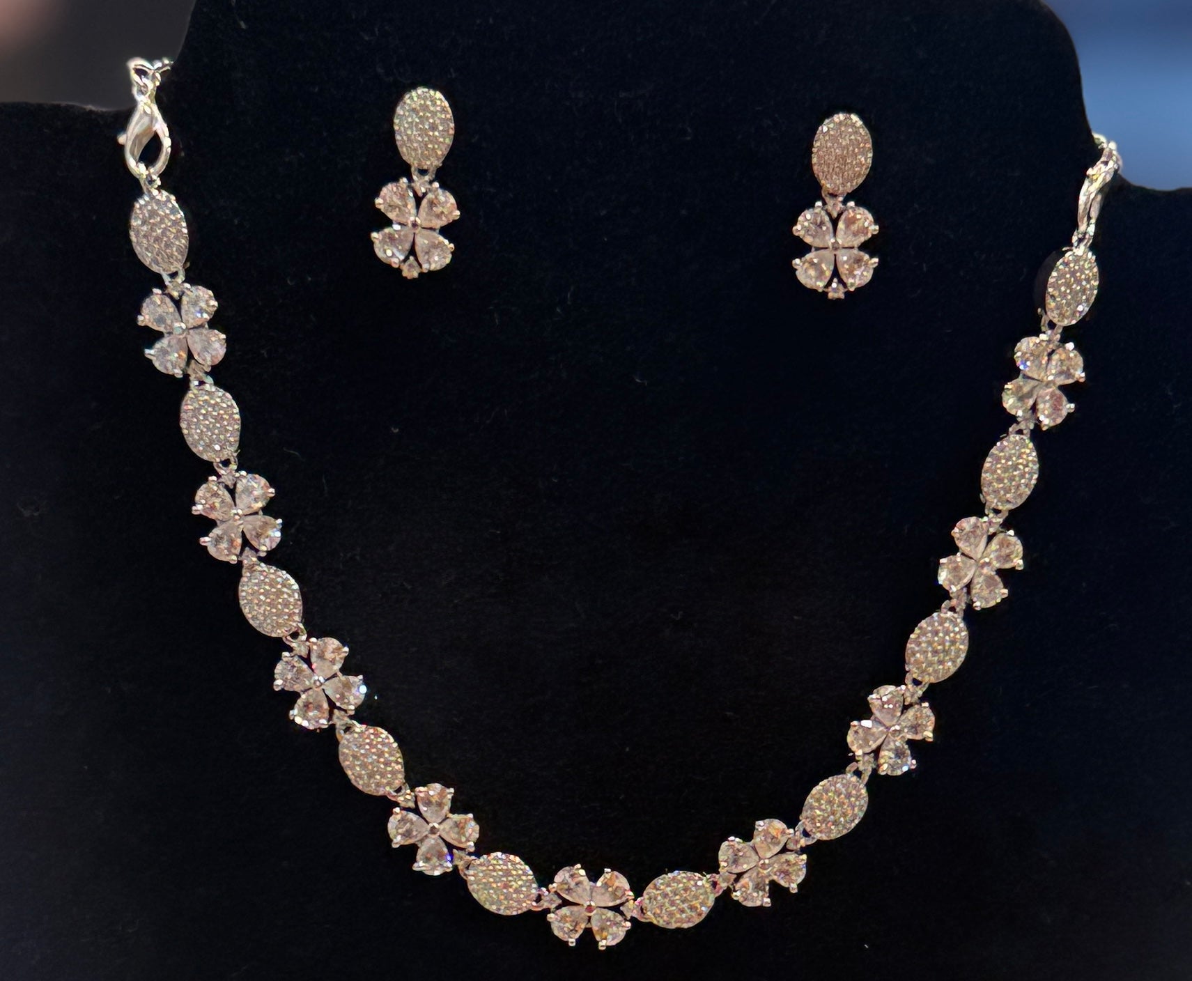 American Diamond Silver Stones Embedded Necklace and Earrings Set Near Me