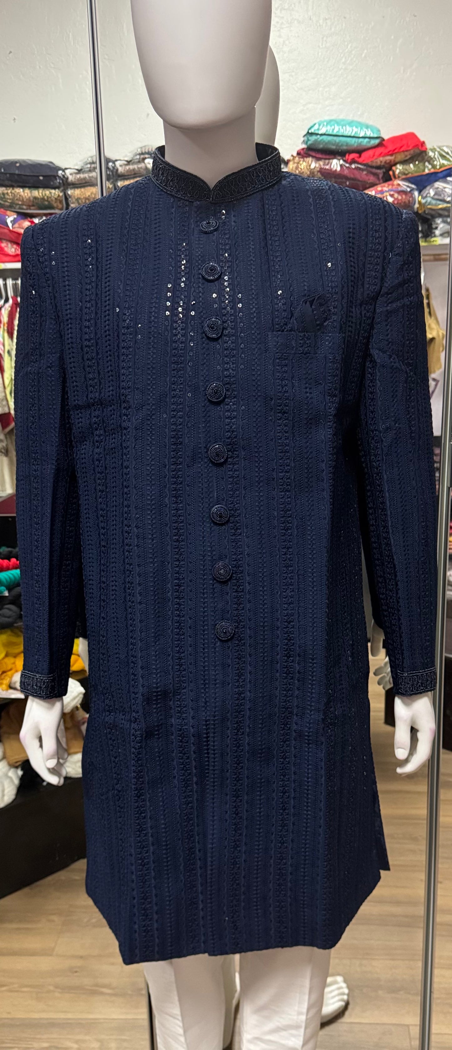 Premium Designer Vivaah Hand Embroidery Silk Sherwani Suit For Men - Navy Blue