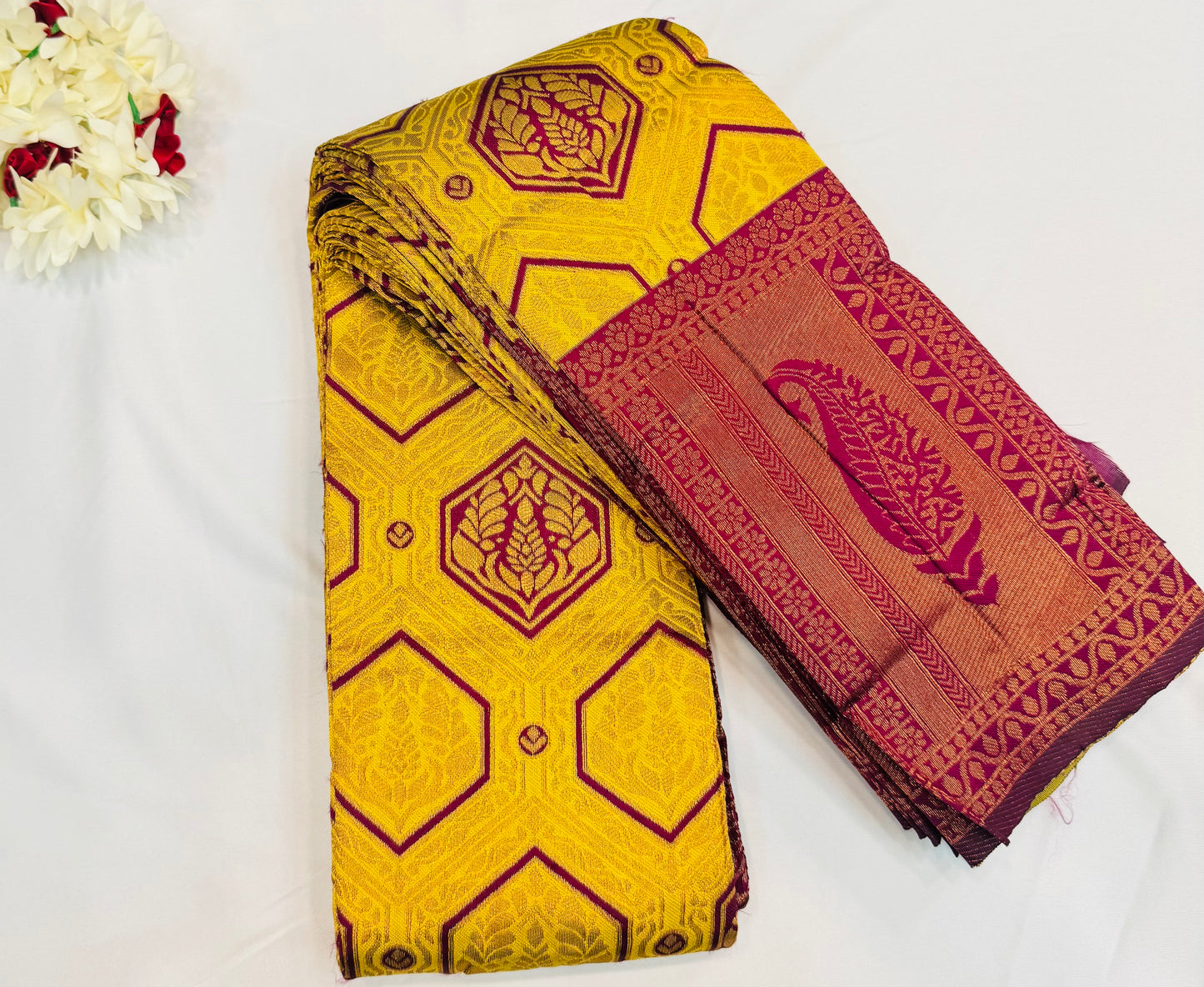 Alluring Yellow Color Motifs Art Silk Saree With Contrast Border For Women