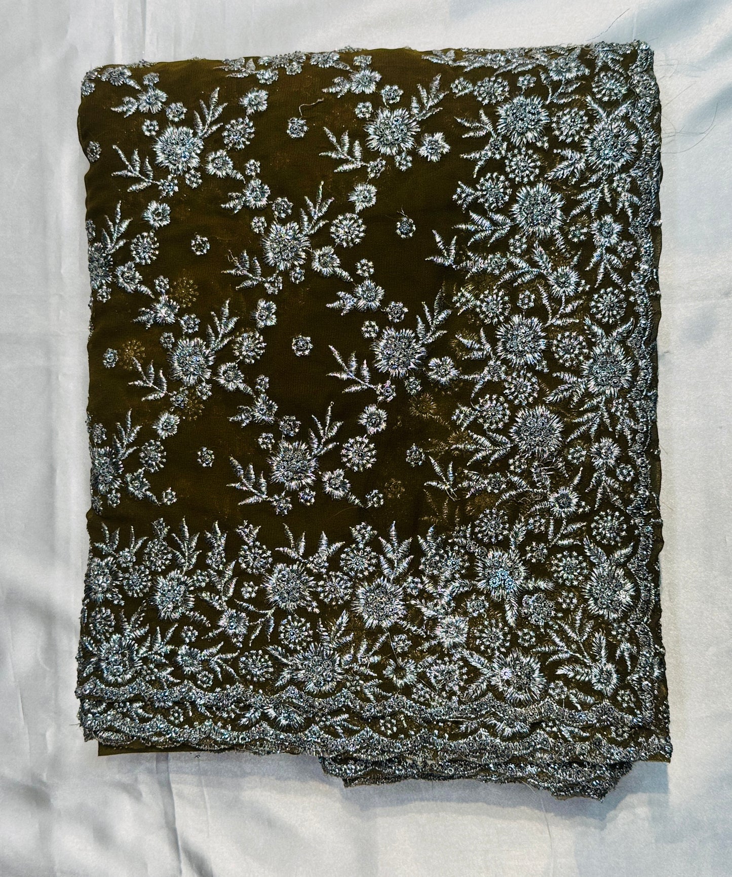 Beautiful Dark Taupe Color Georgette Silver Embroidered Work With Beads Fancy Saree - PREMIUM QUALITY