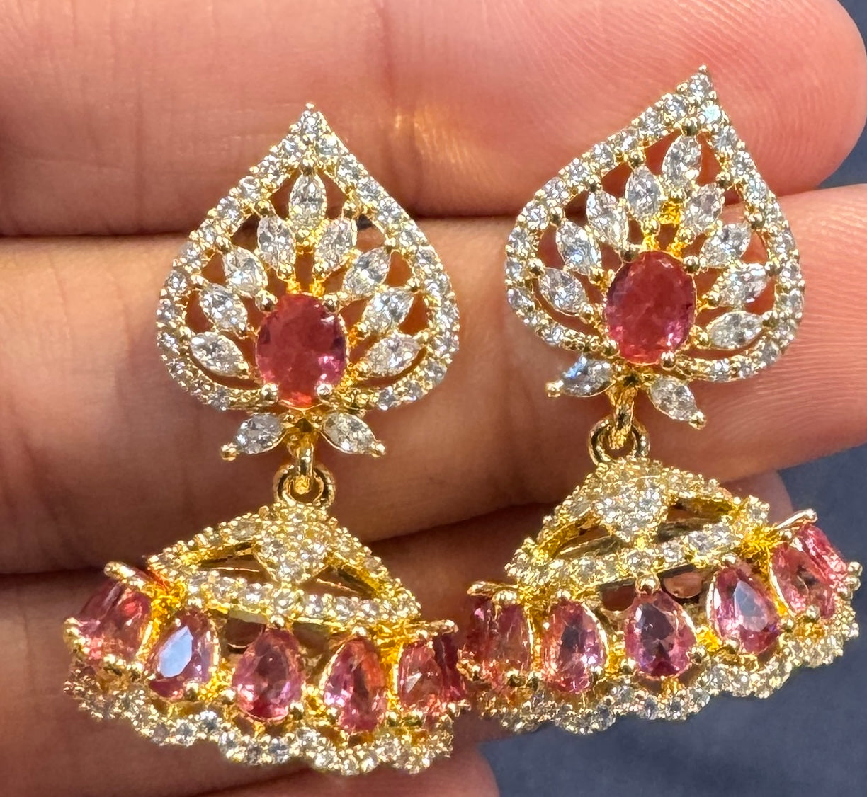 Pleasing Pink And White Stones Gold Plated Jhumkas Near Me
