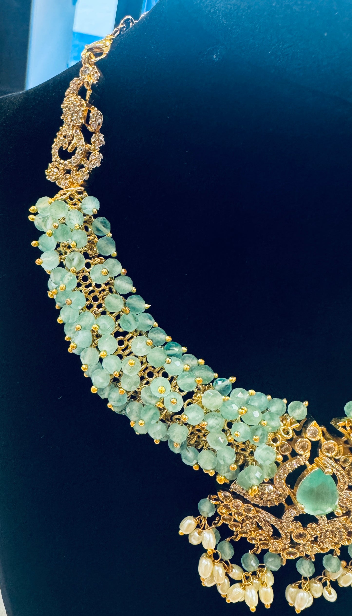 Aqua Color Choker Style Neck Piece With Pretty Earrings In USA