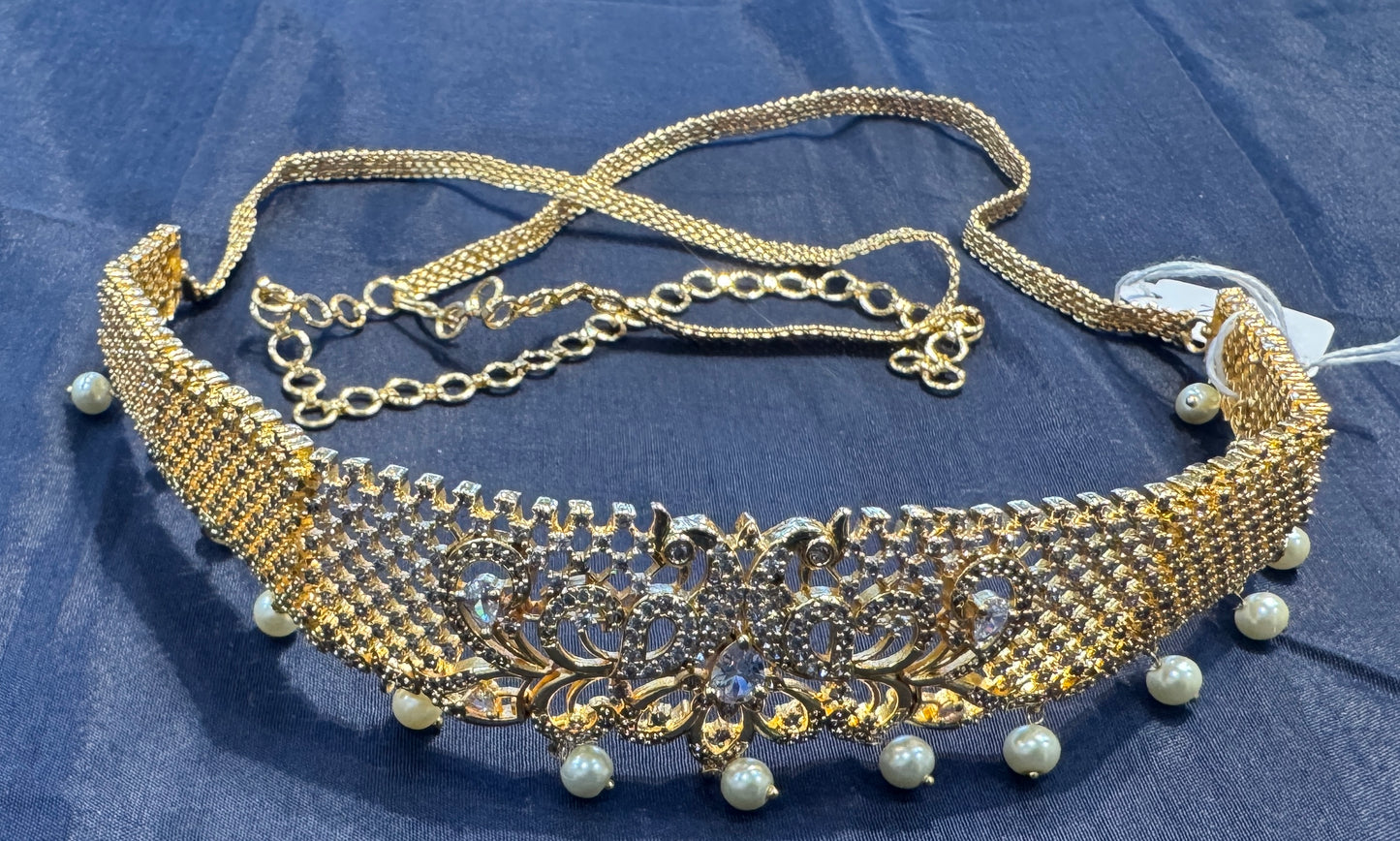 Gold Plated Flower Shape & White Stones Hip Chain In USA