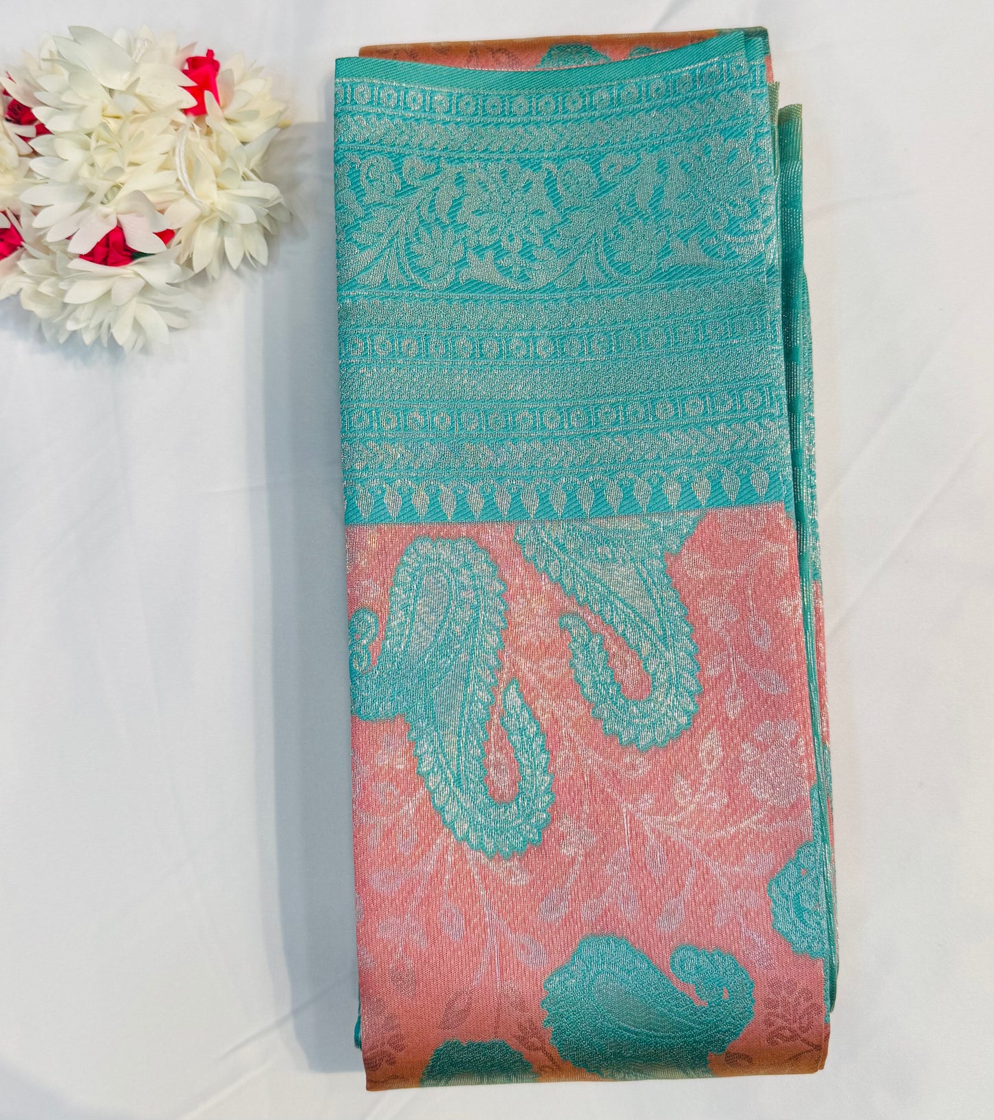 Beautiful Peach With Light Blue Color Art Silk Saree For Women