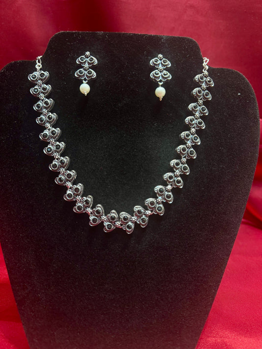 Mesmerizing Black Color Oxidized Jewelry Necklace With Pearl Drop Earrings