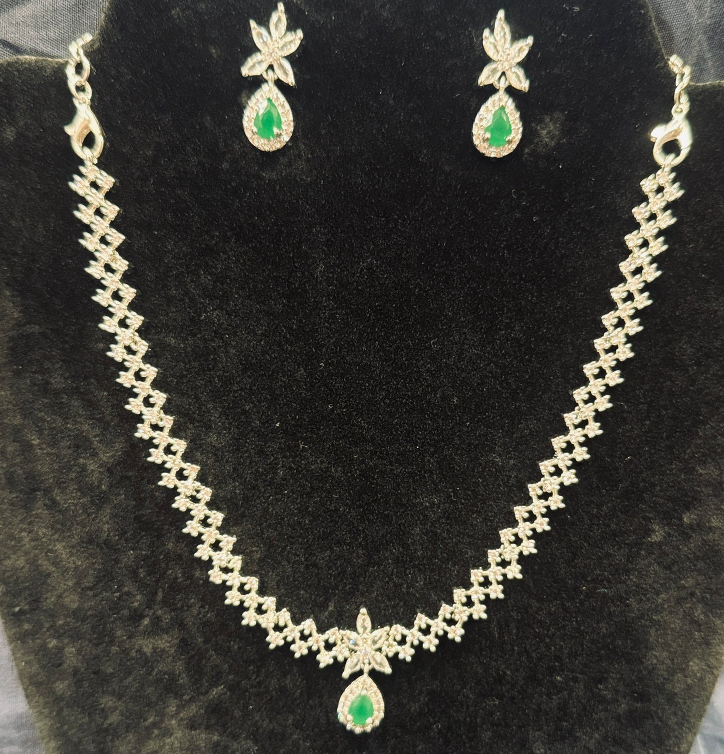 American Diamond White And Green Color Stones Necklace and Earrings Set In USA