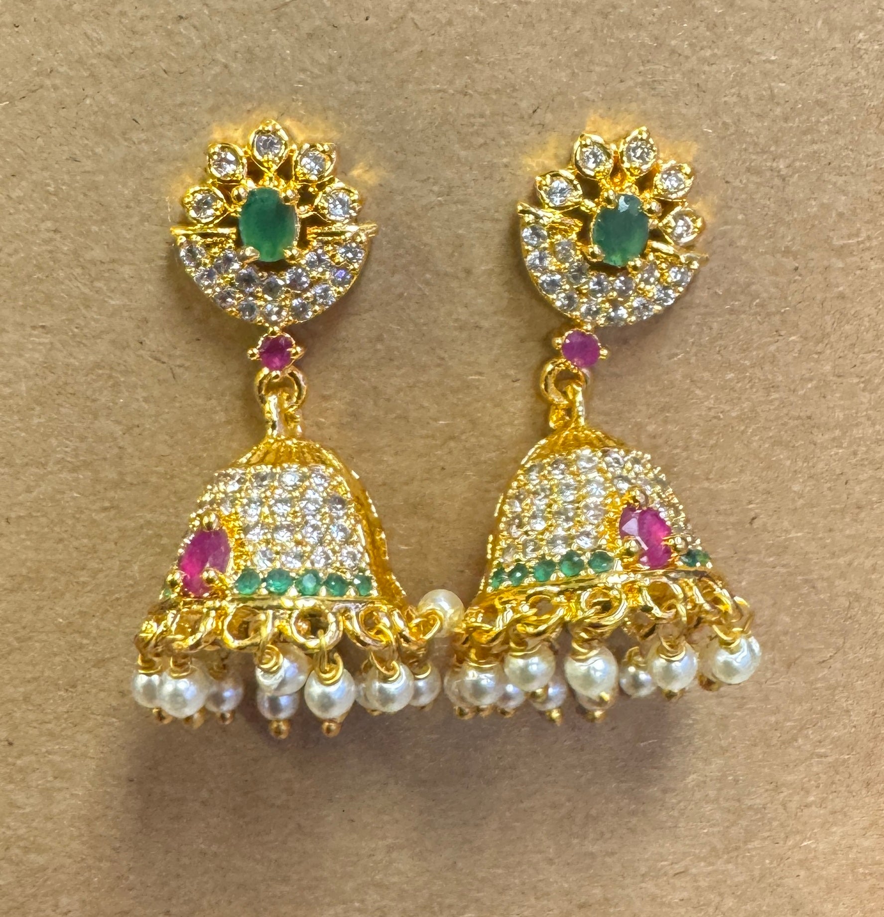 Stunning Multicolor Stones Studded Gold Plated With Pearls Beaded Jhumkas
