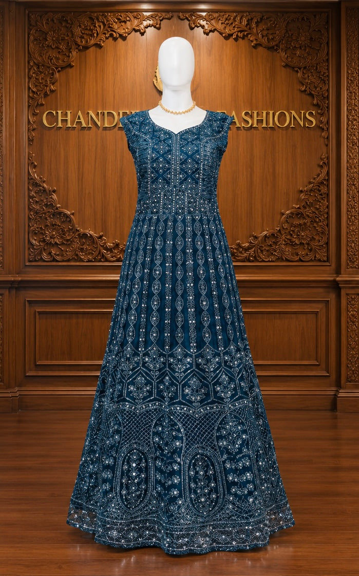 Amazing Teal Blue Color Georgette With Embroidery And Sequins Work Anarkali Gown For Women