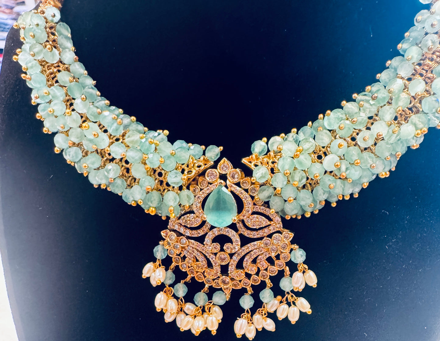 Aqua Color Choker Style Neck Piece With Pretty Earrings For Women Near Me