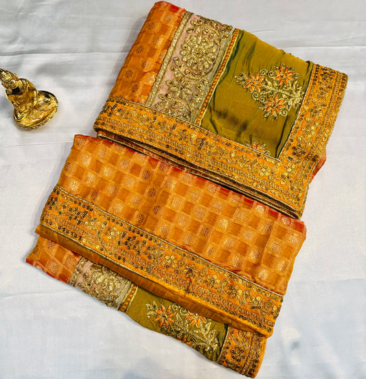 Charming Golden Yellow Color Georgette And Chiffon With Embroidered Work Fancy Saree - PREMIUM QUALITY