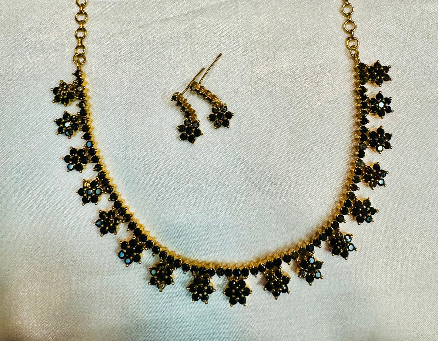 Sparkling Black Stone Design Gold Plated Necklace With Earrings