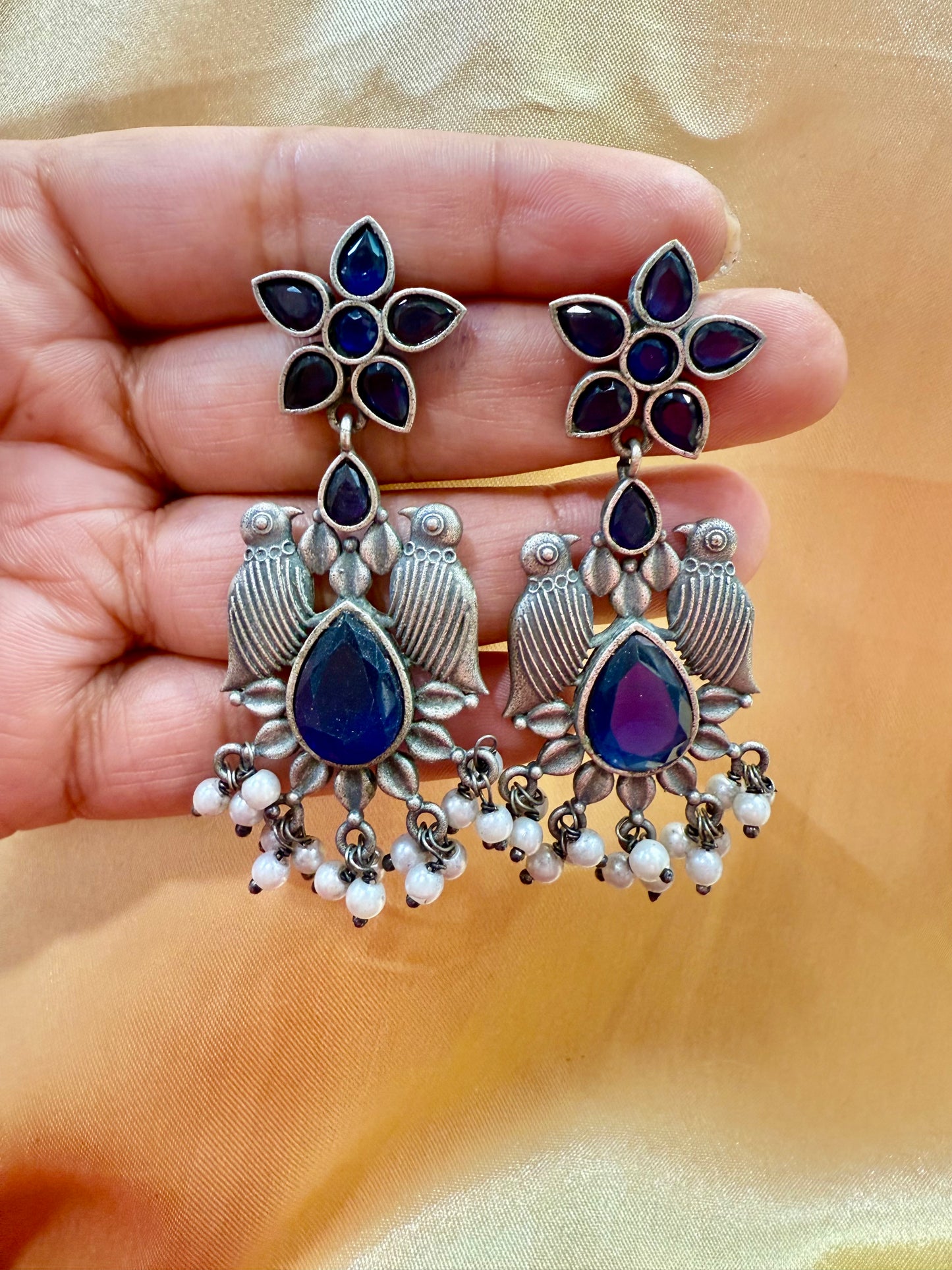 Oxidized Blue Stone And Beaded Work Bird Designs Earrings For Women Near Me