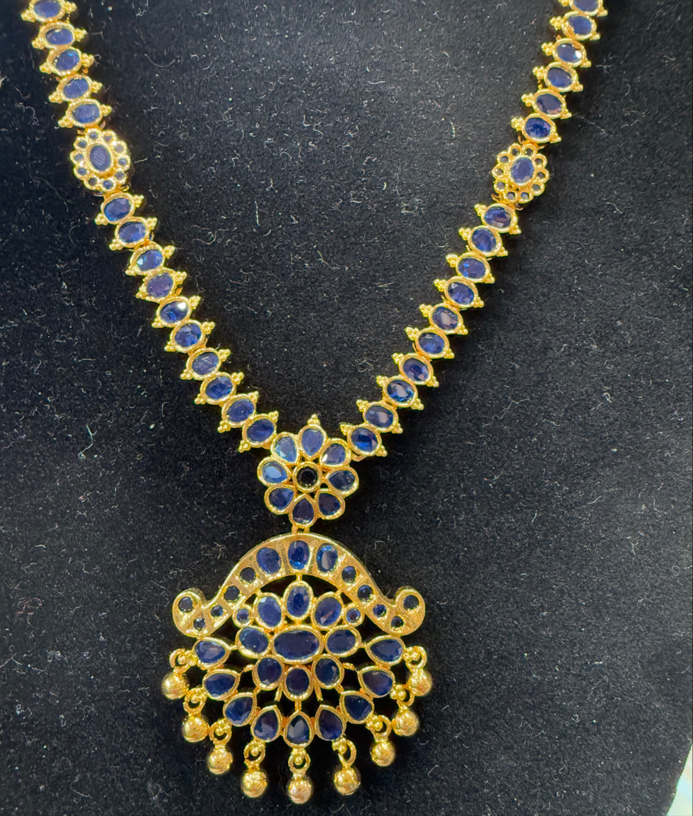 Alluring Gold Plated Navy Blue Color Necklace With Earrings