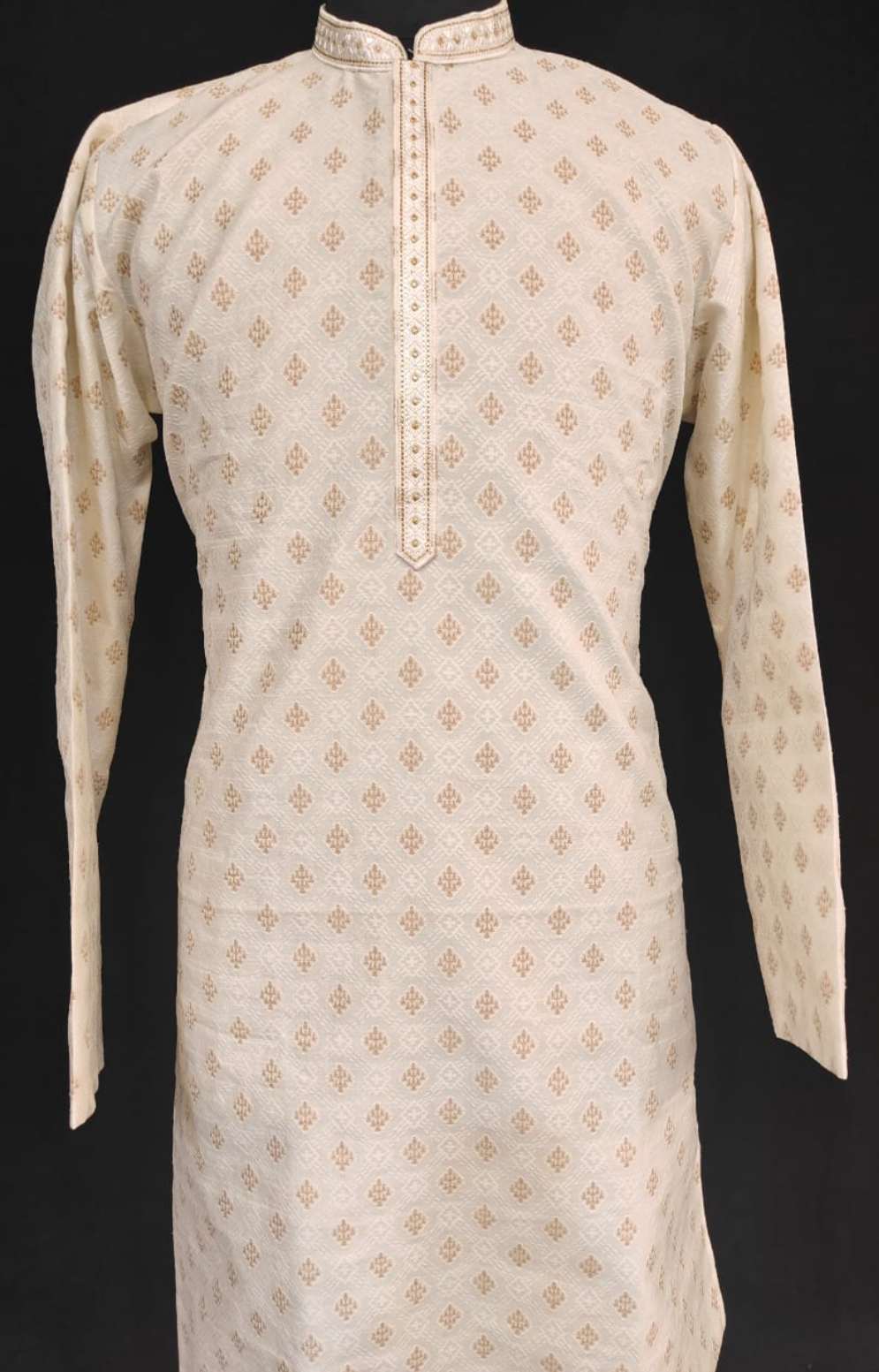 Charming Cream Color Silk Full Sleeve Embroidery Work Kurta Pajama Set For Men