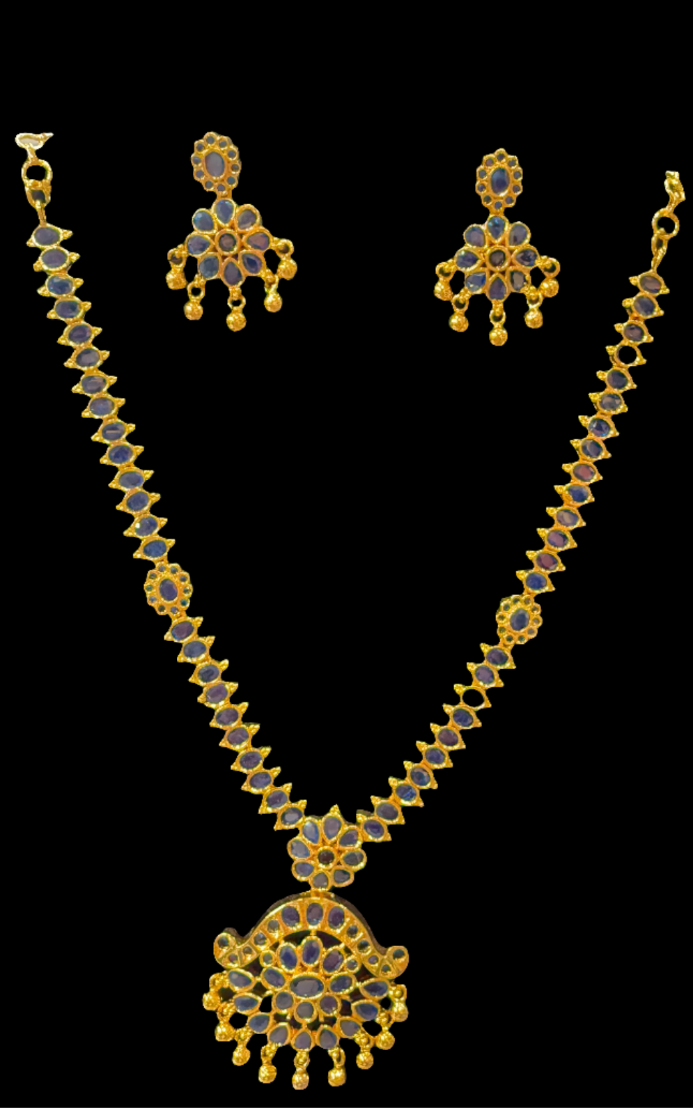 Alluring Gold Plated Navy Blue Color Necklace With Earrings
