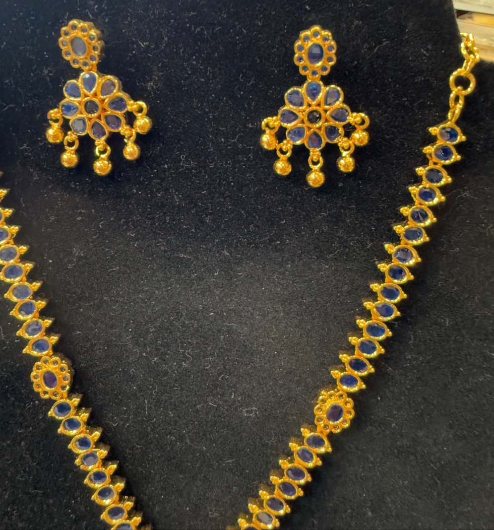 Alluring Gold Plated Navy Blue Color Necklace With Earrings
