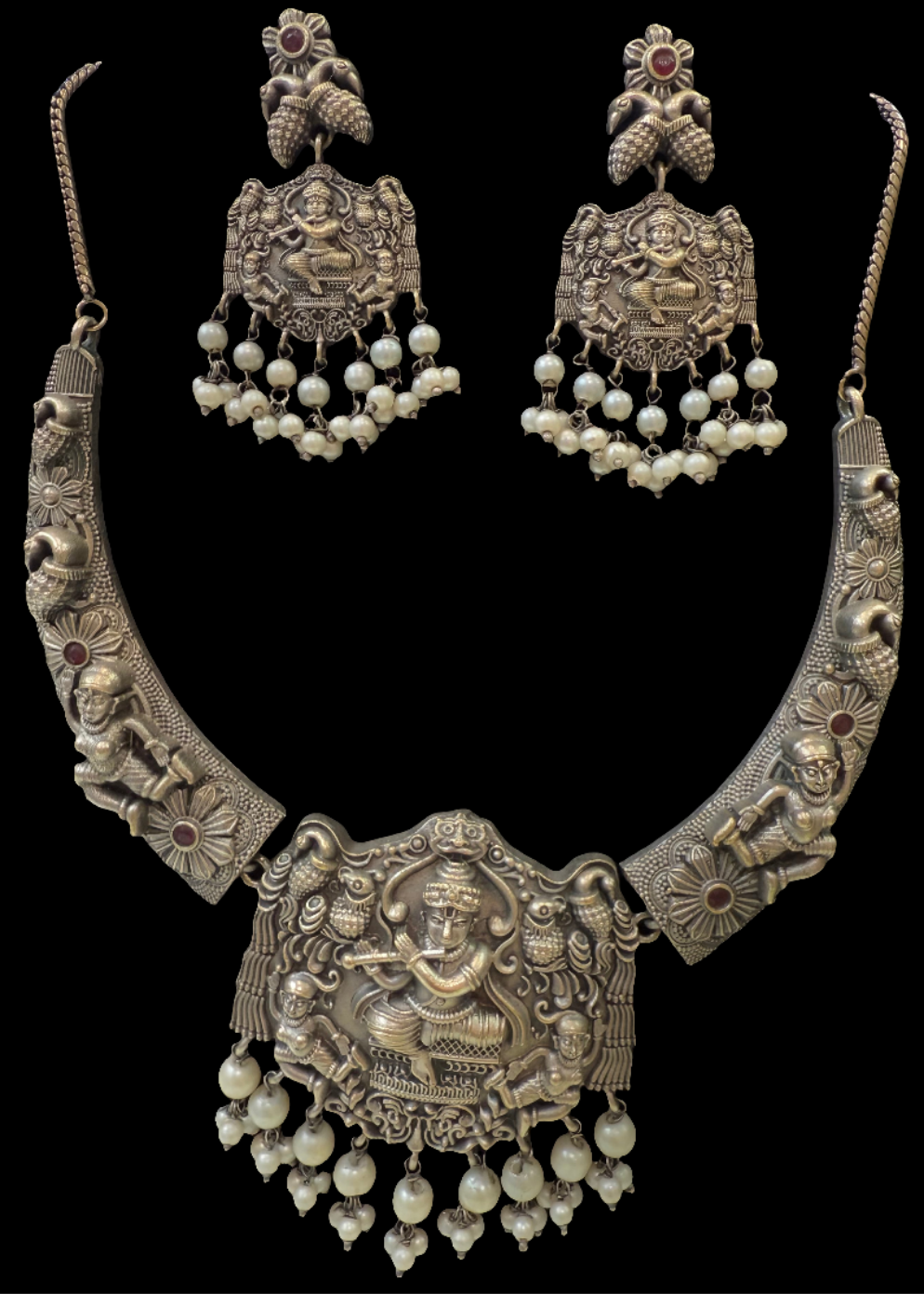 Beautiful Premium HQ Oxidized Temple Design Pearl Beaded Necklace With Earrings