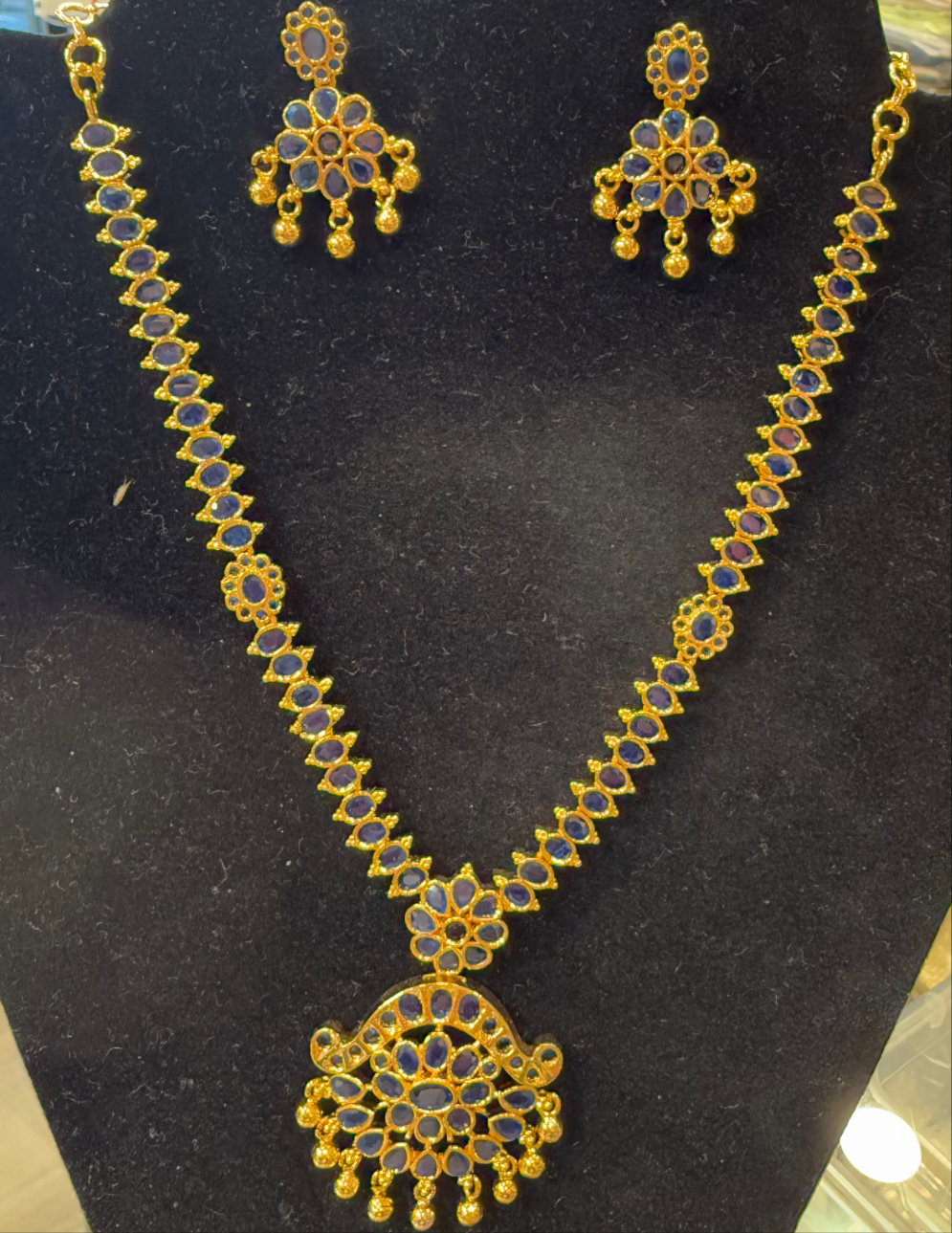 Alluring Gold Plated Navy Blue Color Necklace With Earrings