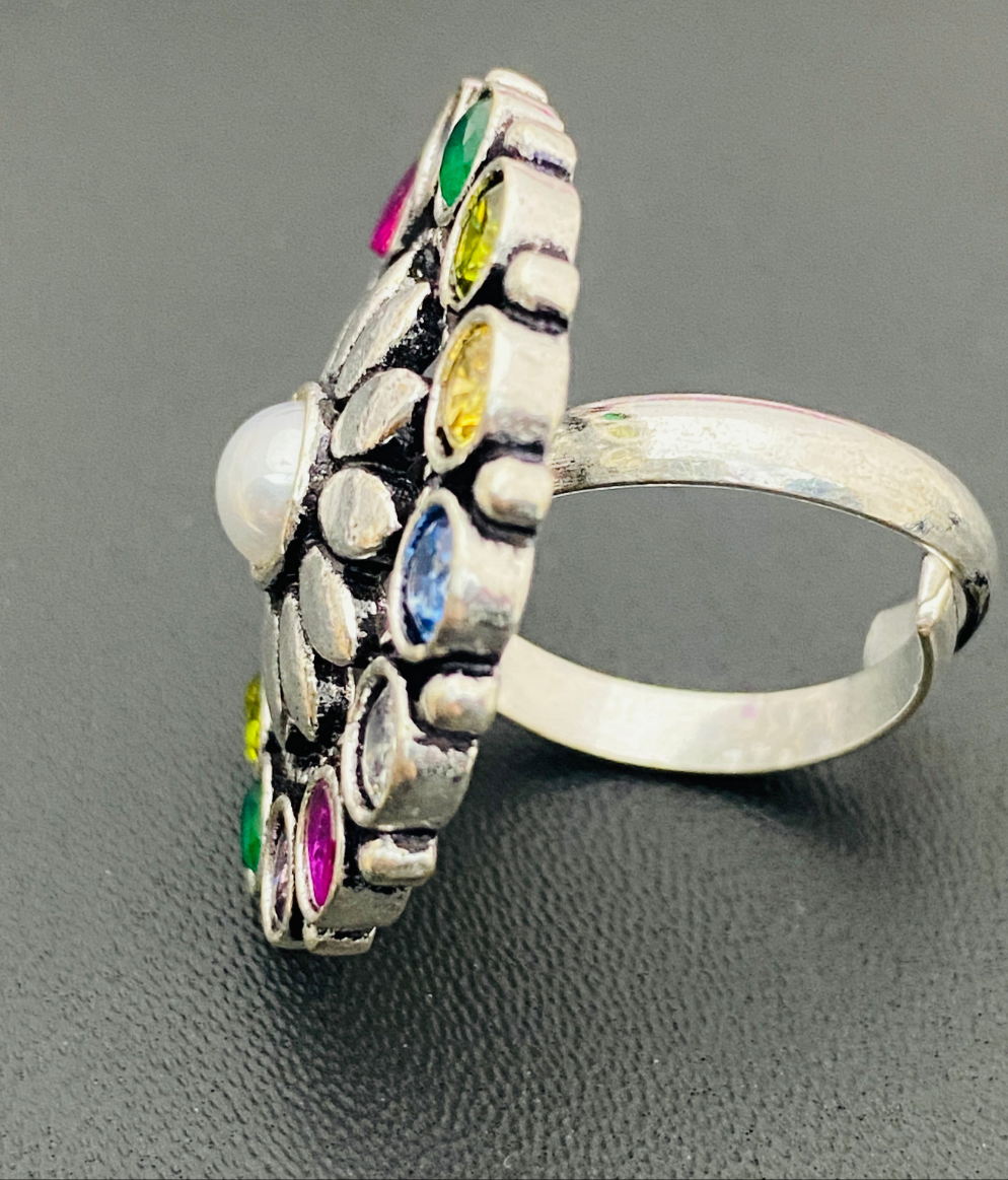 Stunning Multi Color Stone Studded Silver Toned Designer Oxidized Adjustable Finger Ring