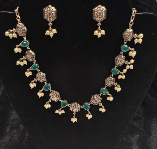 Pretty Emerald Green Colored Oxidized Necklace With Earrings Set