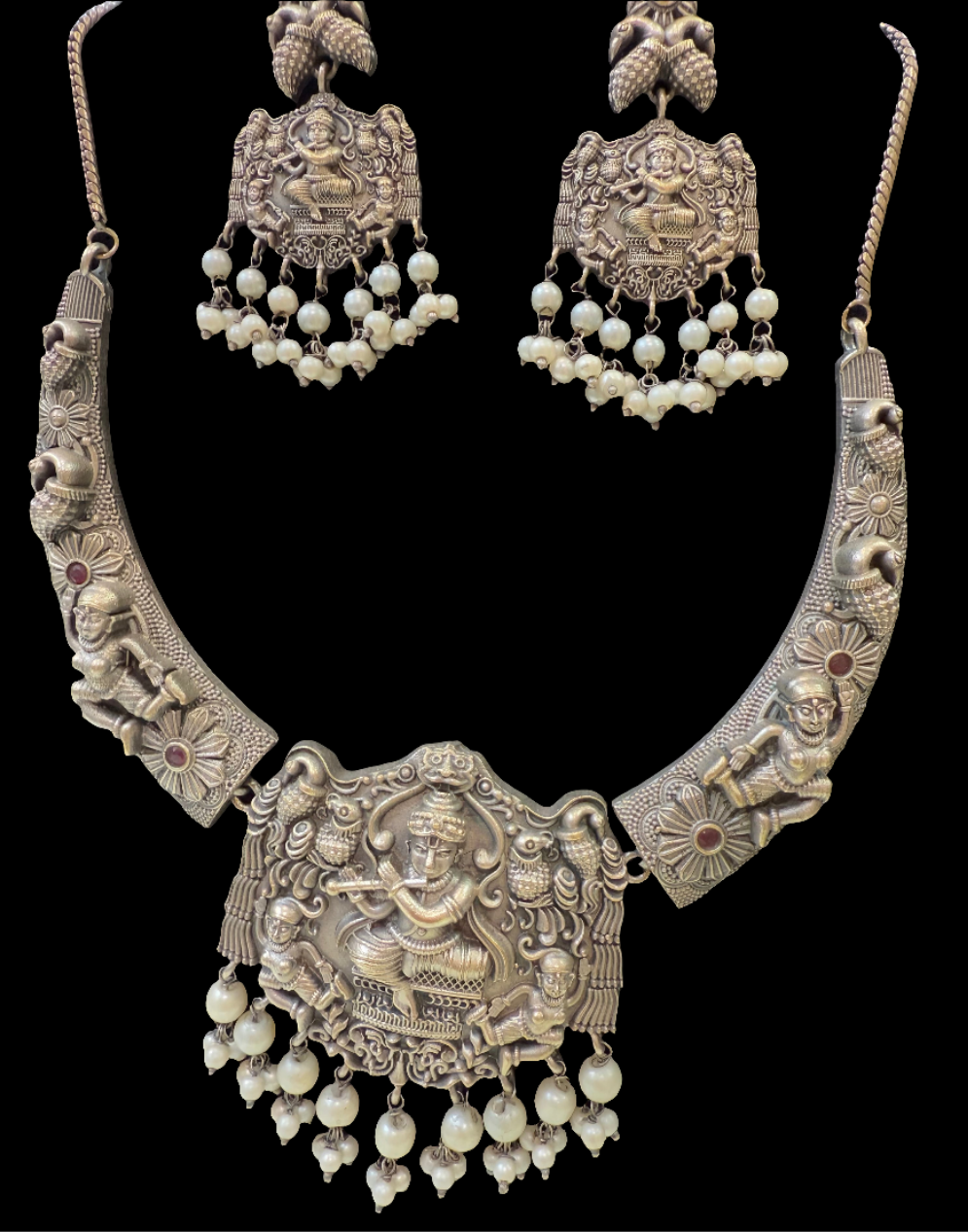 Beautiful Premium HQ Oxidized Temple Design Pearl Beaded Necklace With Earrings