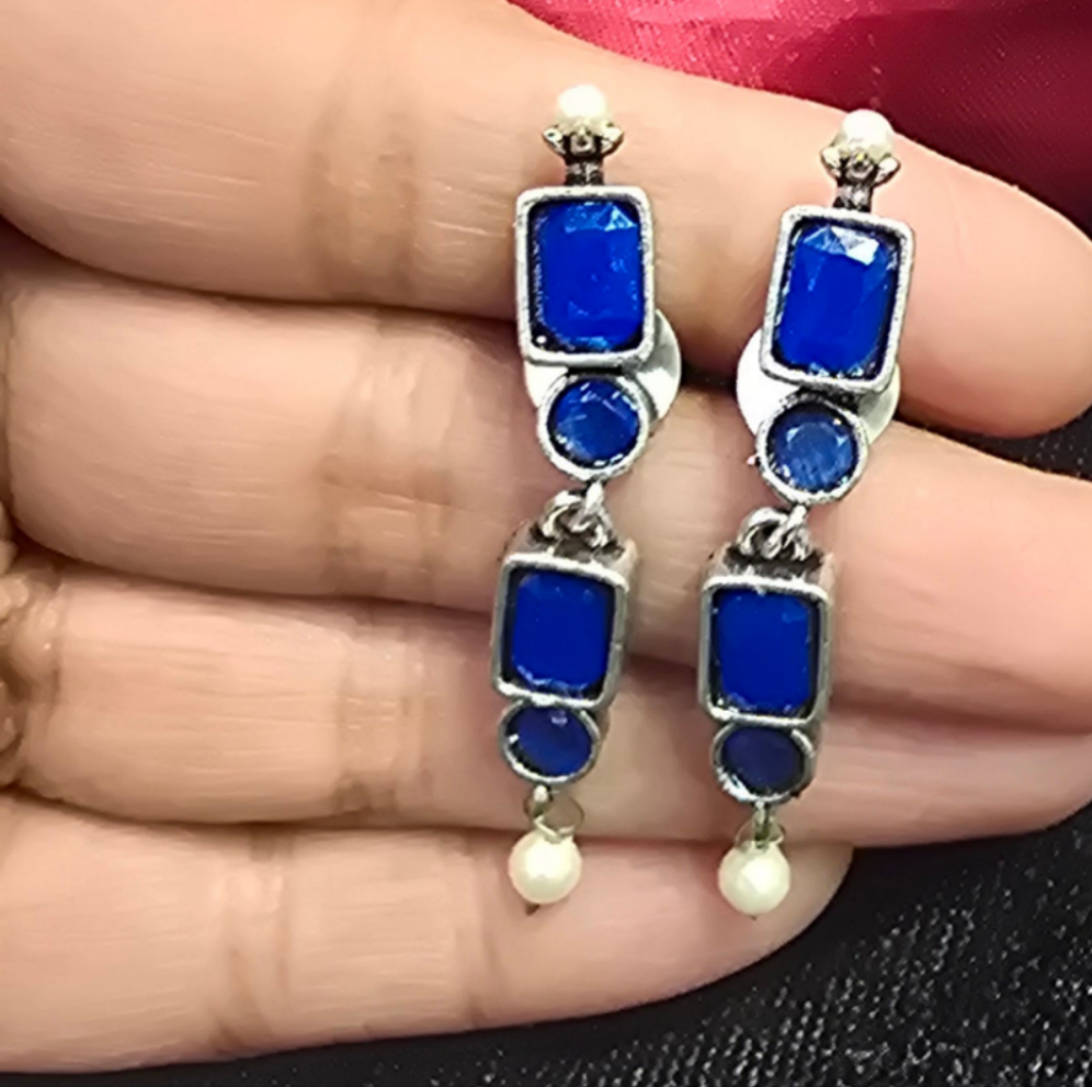 Pretty Blue Color Stone Studded Oxidized Necklace With Earrings Set