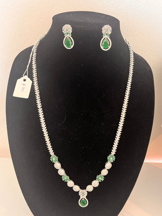 Alluring American Diamond Green Stoned Long Chain With Earrings