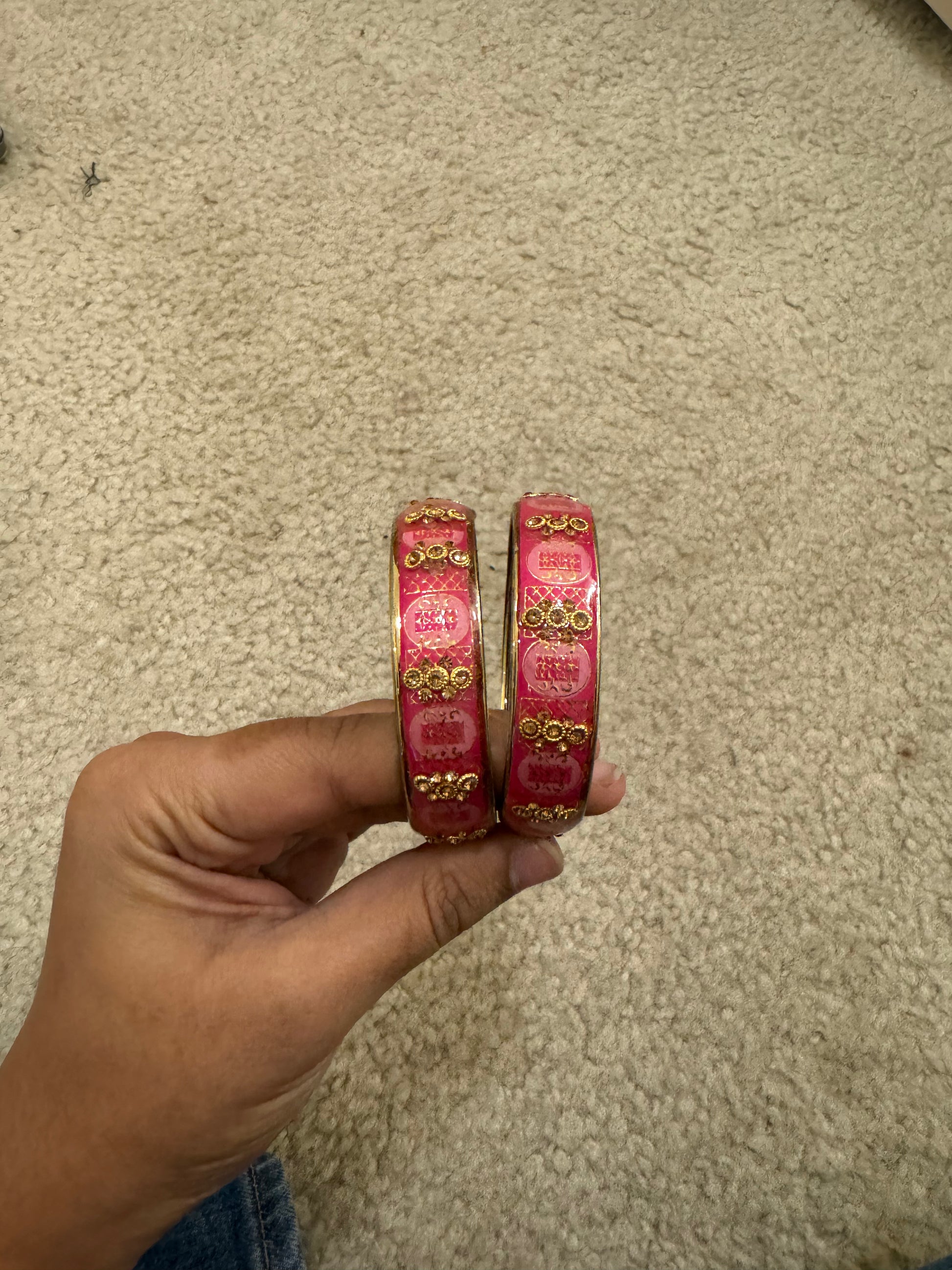 Beautiful Dark Pink Color Stone Design Glass Bangles For Women