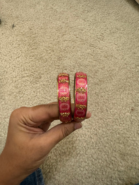 Beautiful Dark Pink Color Stone Design Glass Bangles For Women