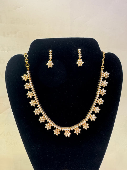 Sparkling White Pearls Stone Design Gold Plated Necklace With Earrings