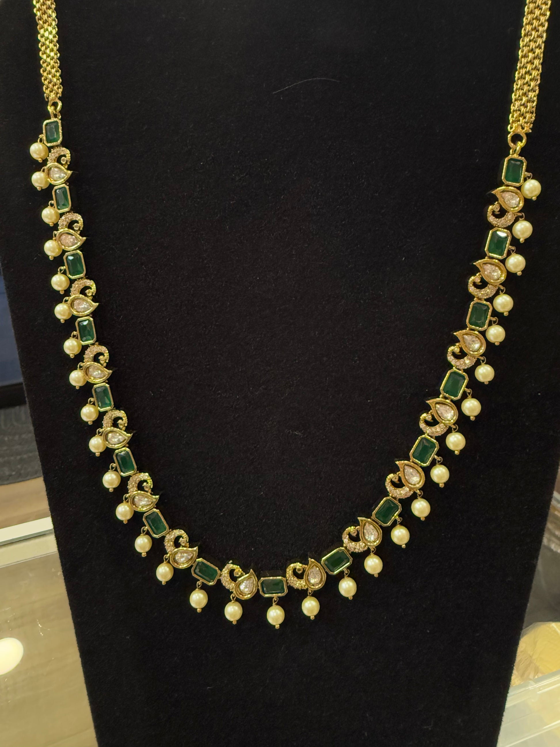 Gold Plated Green Stoned And White Beaded Long Chain Near Me