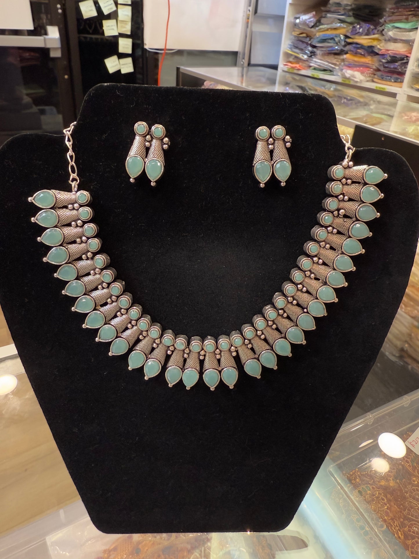 Sky Blue Color Design Oxidized Necklace With Earrings In Yuma