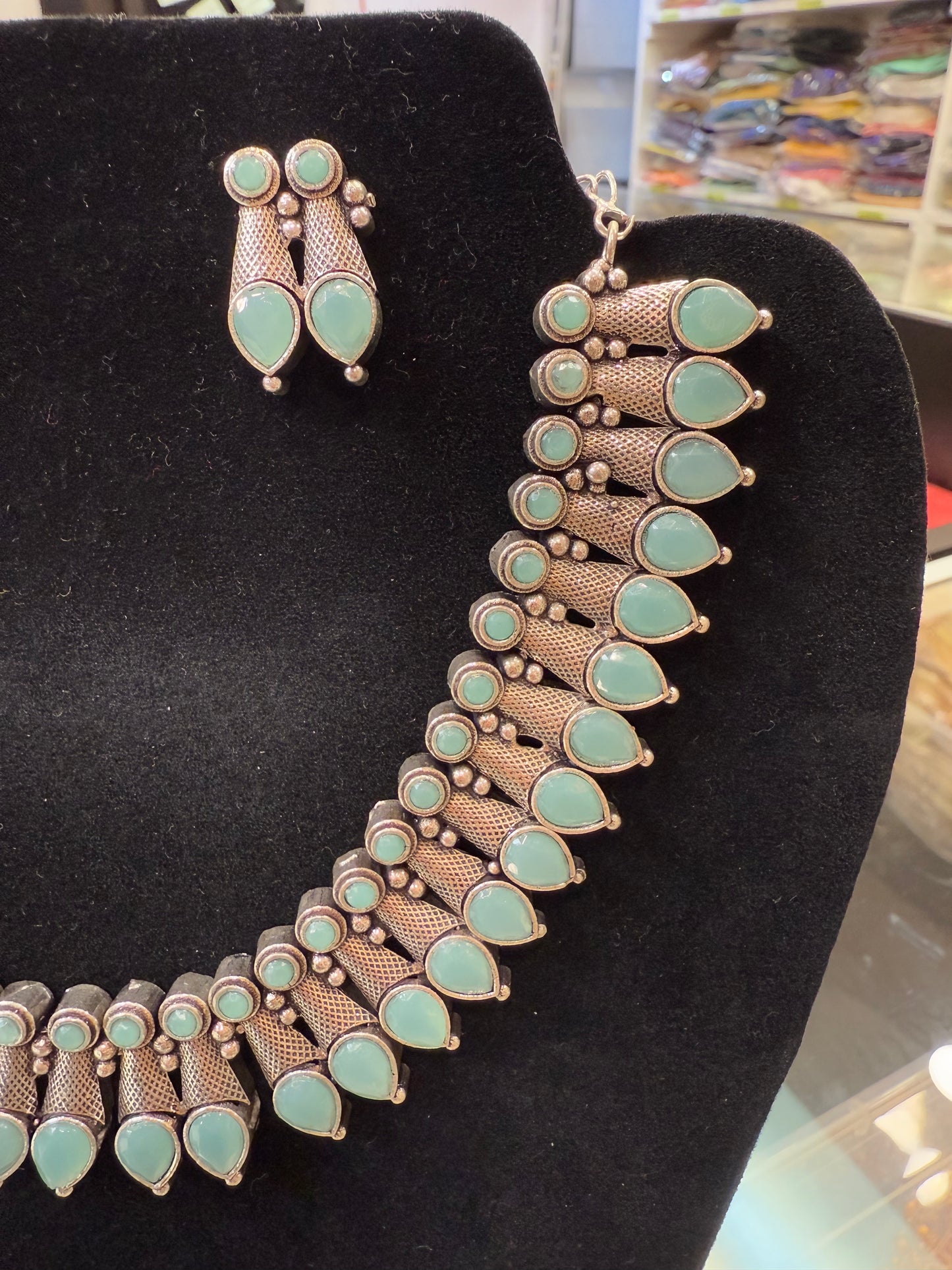 Sky Blue Color Design Oxidized Necklace With Earrings Near Me