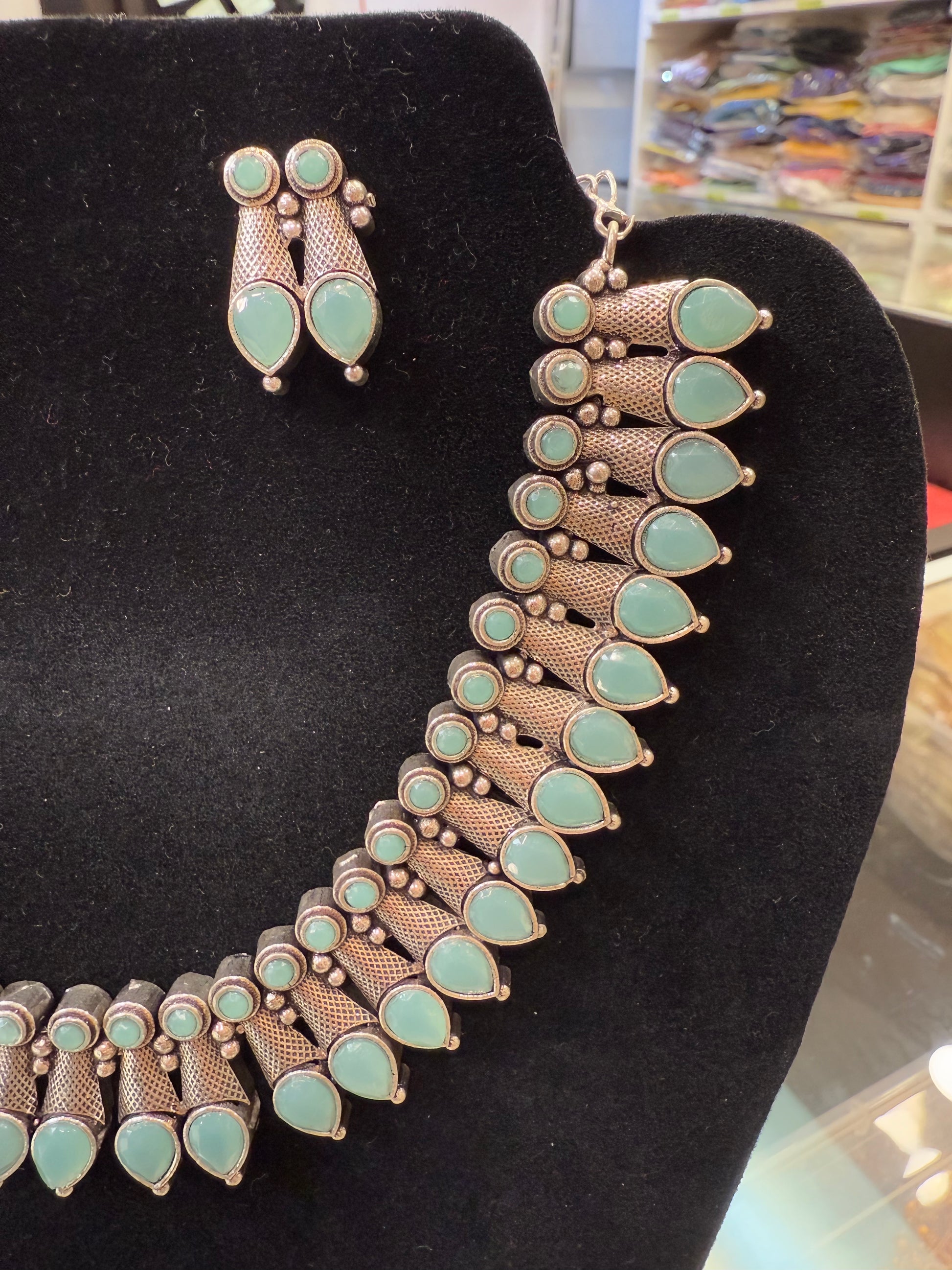 Sky Blue Color Design Oxidized Necklace With Earrings Near Me