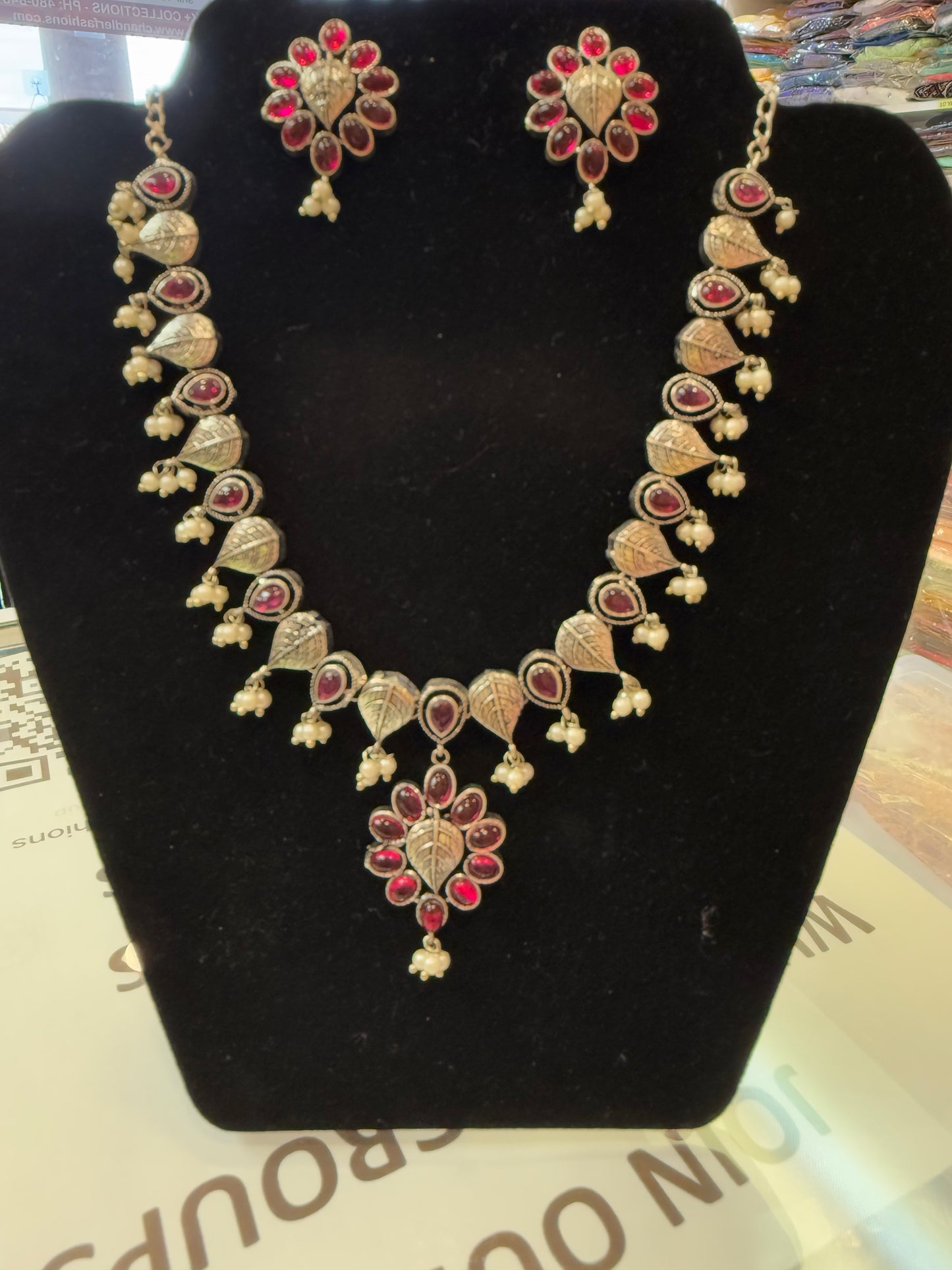 Alluring Hot Pink Floral Designed Silver Plated Oxidized Necklace Set With Earrings And Pearl Beads