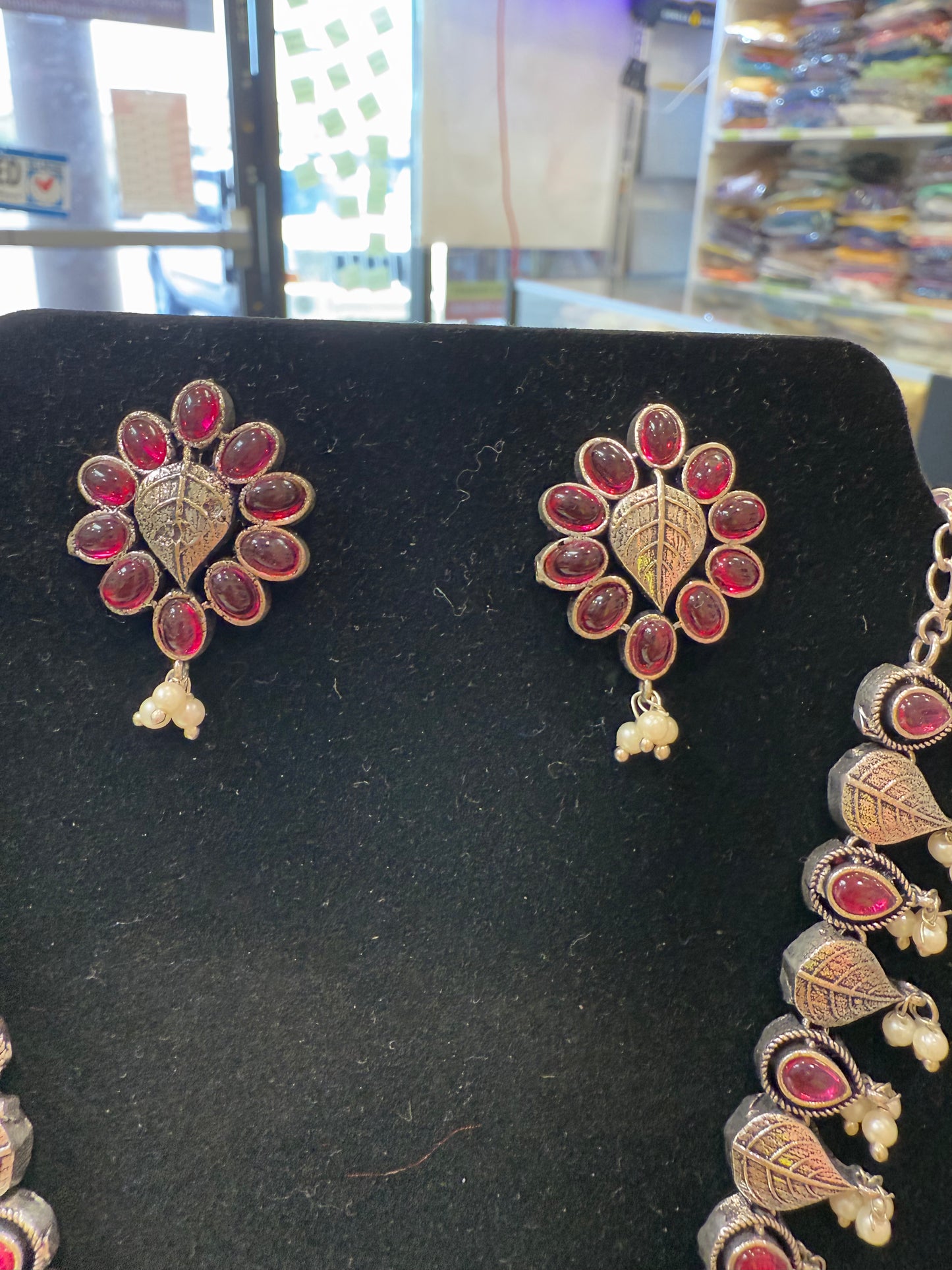 Alluring Hot Pink Floral Designed Silver Plated Oxidized Necklace Set With Earrings And Pearl Beads