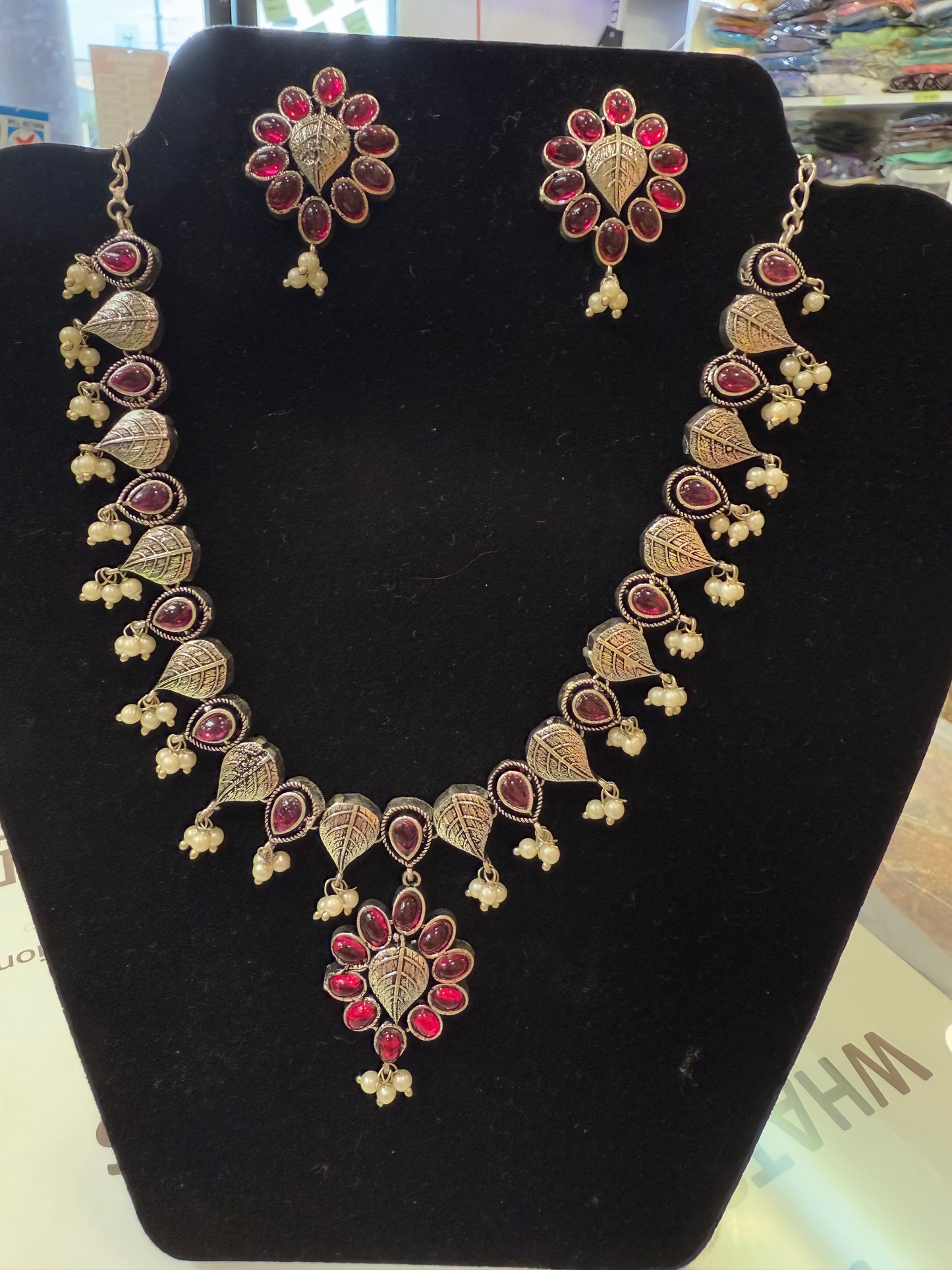 Alluring Hot Pink Floral Designed Silver Plated Oxidized Necklace Set With Earrings And Pearl Beads